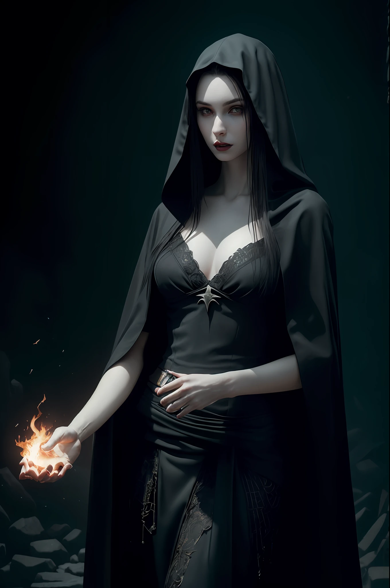 (8k, best quality, masterpiece:1.2), (realistic, photo-realistic:1.37), ultra-detailed, cinematic, fantasy world, above chest shot, beautiful woman holding a fireball on her palm, long black straight hair, dark makeup, dressed in a black cloak, (pale skin:1.2), Greg Rutkowski concept art, dark studio, rim lighting, dimly lit, low key,