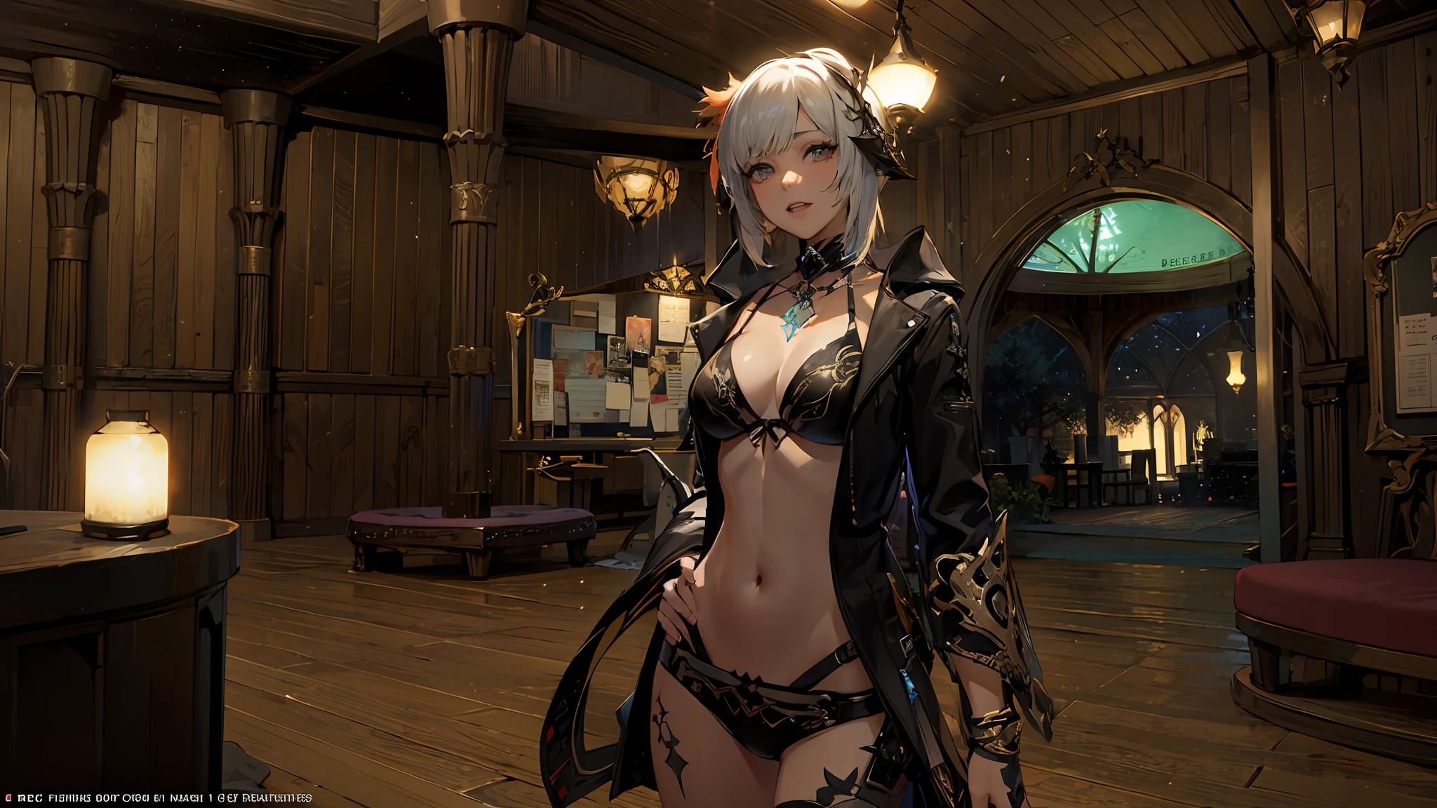 there is a woman in a bikini and a black jacket in a room, tranding on pxiv, final fantasy 14 style, final fantasy 1 4 screenshot, alluring mesmer woman, ffxiv, final fantasy xiv, 2 b, 2b, final fantasy 14 sharp, final fantasy 1 4, ffxiv heavensward, ornate bikini armor, hd screenshot