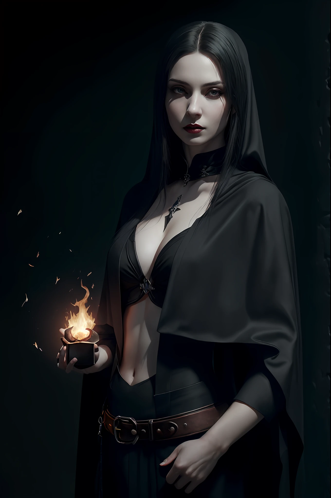 (8k, best quality, masterpiece:1.2), (realistic, photo-realistic:1.37), ultra-detailed, cinematic, fantasy world, above chest shot, beautiful woman holding a fireball on her palm, long black straight hair, dark makeup, dressed in a black cloak, (pale skin:1.2), Greg Rutkowski concept art, dark studio, rim lighting, dimly lit, low key,