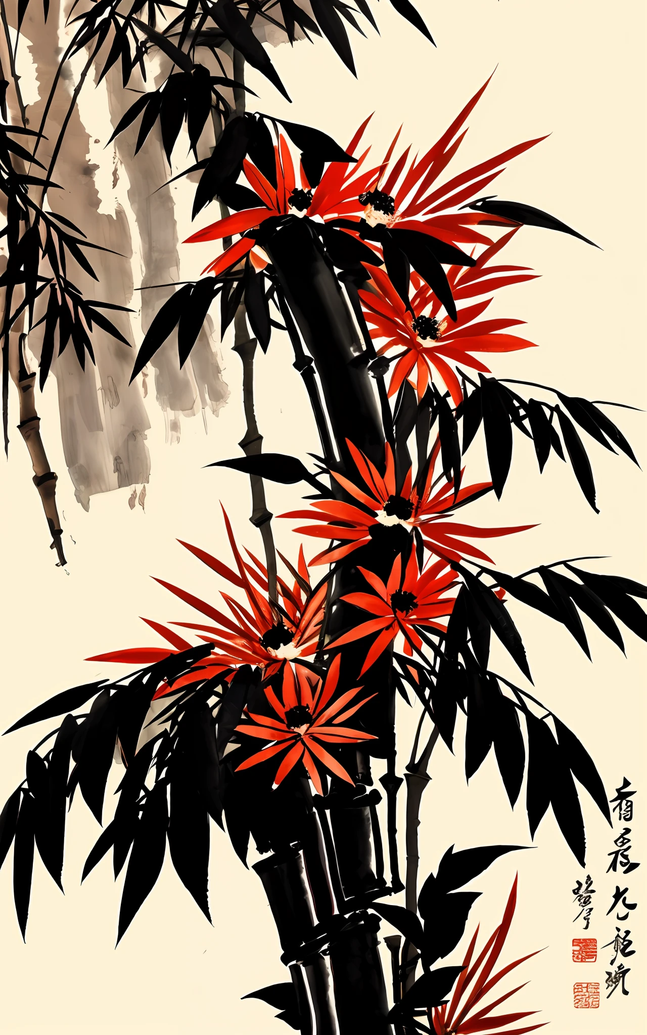 shukezouma, shuimobysim, ((starling)), willow branches, (masterpiece, best quality: 1.2), ((Traditional Chinese ink painting)), model style, bamboo branches, bamboo, wuchangshuo, red, orange, black, fire, starling, bird