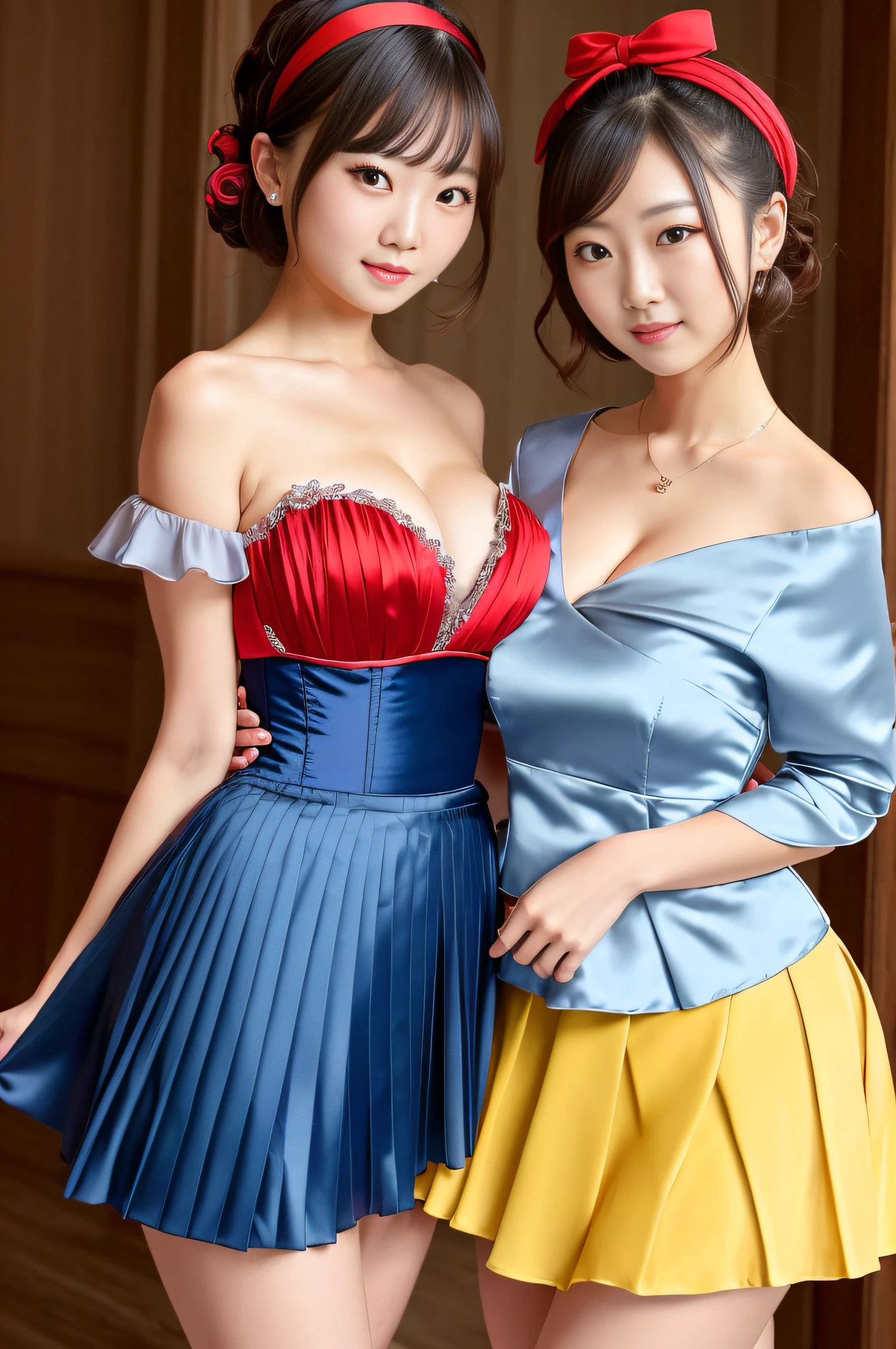 2 Beautiful Chinese women, wearing (yellow pleated skater skirt, blue silk corset, red shoulder slash sleeves, hair: (short, bob, headband (red)), cleavage, large breasts, wide hips, (hugging)