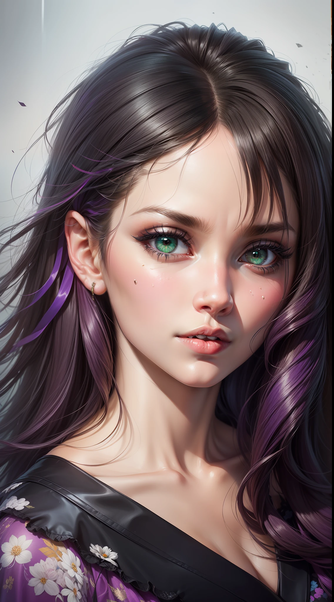 Get a close-up view of the face of a captivating young European girl, her half long black hair cascading gently around her face, her alluring green eyes captivating with their enigmatic gaze, a petite nose adding a touch of elegance, her lips adorned with a captivating shade of purple lipstick, the image captured in a 9:16 aspect ratio, the portrait bringing her detailed facial features to life, Painting, executed with acrylic paints on a smooth canvas, using fine brushes to capture every nuance and intricacy