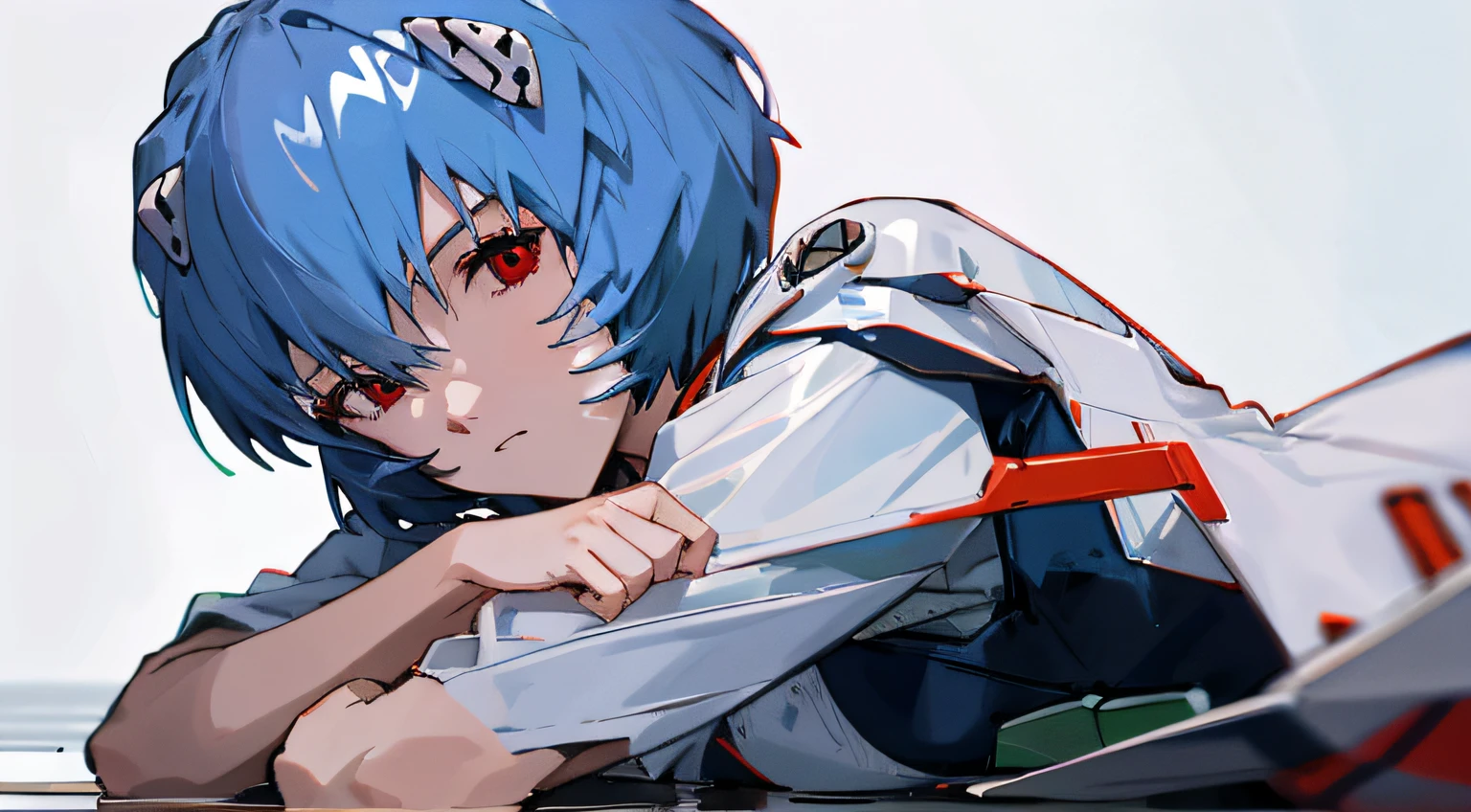 1 girl, Ayanami, Evangelion, 8K, best quality, school uniform, expressionless, lying on the ground looking at the audience, white background