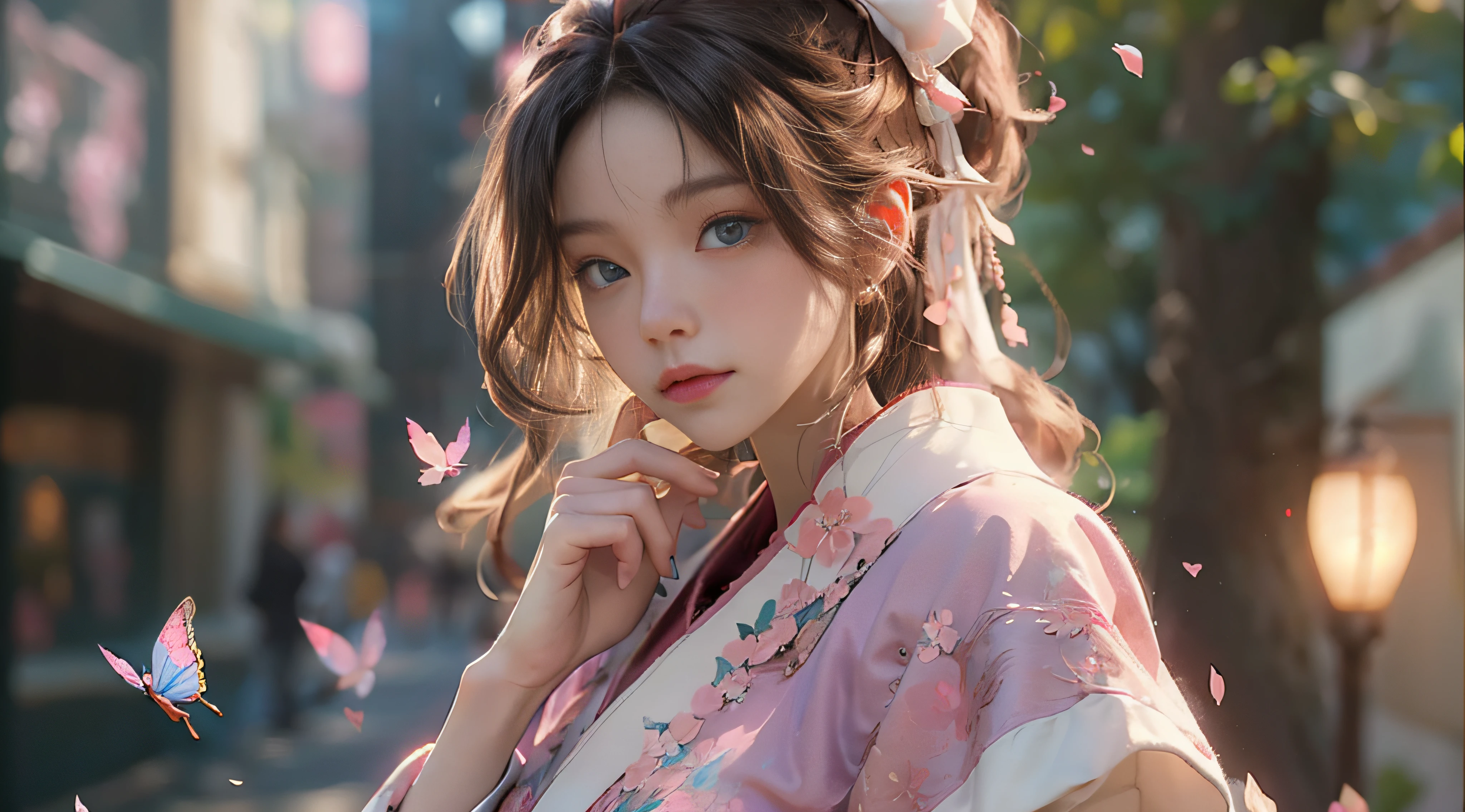 ((Best Quality)), ((Masterpiece)), (Detail: 1.4), 3D, Beautiful Cyberpunk Female Image, HDR (High Dynamic Range), Ray Tracing, NVIDIA RTX, Super Resolution, Unreal 5, Subsurface Scattering, PBR Texture, Post-Processing, Anisotropic Filtering, Depth of Field, Maximum Sharpness and Sharpness, Multi-layer Texture, Albedo and Highlight Mapping, Surface Coloring, Mitsu-Accurate Simulation of Material Interactions, Perfect Proportions, Octane Rendering, Two-color Light, Large Aperture, Low ISO, white balance, regular three-point, 8K RAW, beautiful bright pupils, flowing robe, fine pupils, delicate face and eyes, long eyelashes, blush, fluffy hair, pink lips, pure, cute, cherry blossom petals falling, butterfly