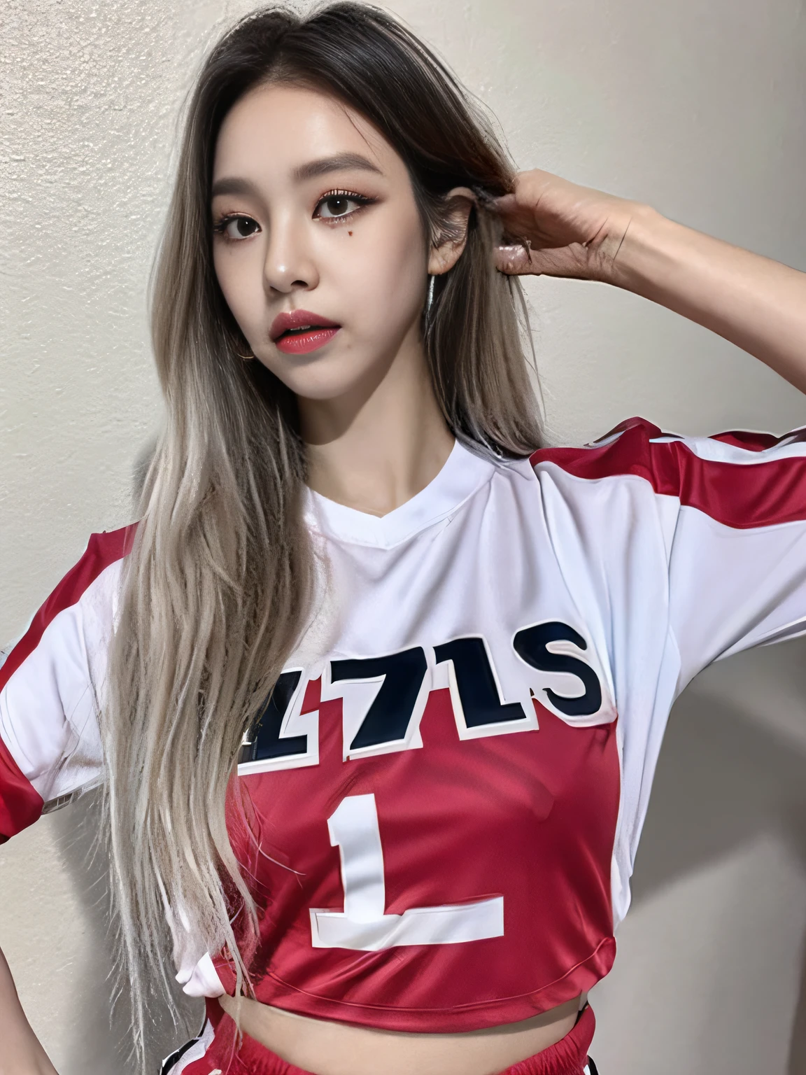 (Best Quality, 16K, Masterpiece: 1.3), Pretty Woman, 1Girl, Football Jersey, Open Waist, Ultra-Detail Face, Detail Lips, Detail Eyes, Double Eyelids, HD