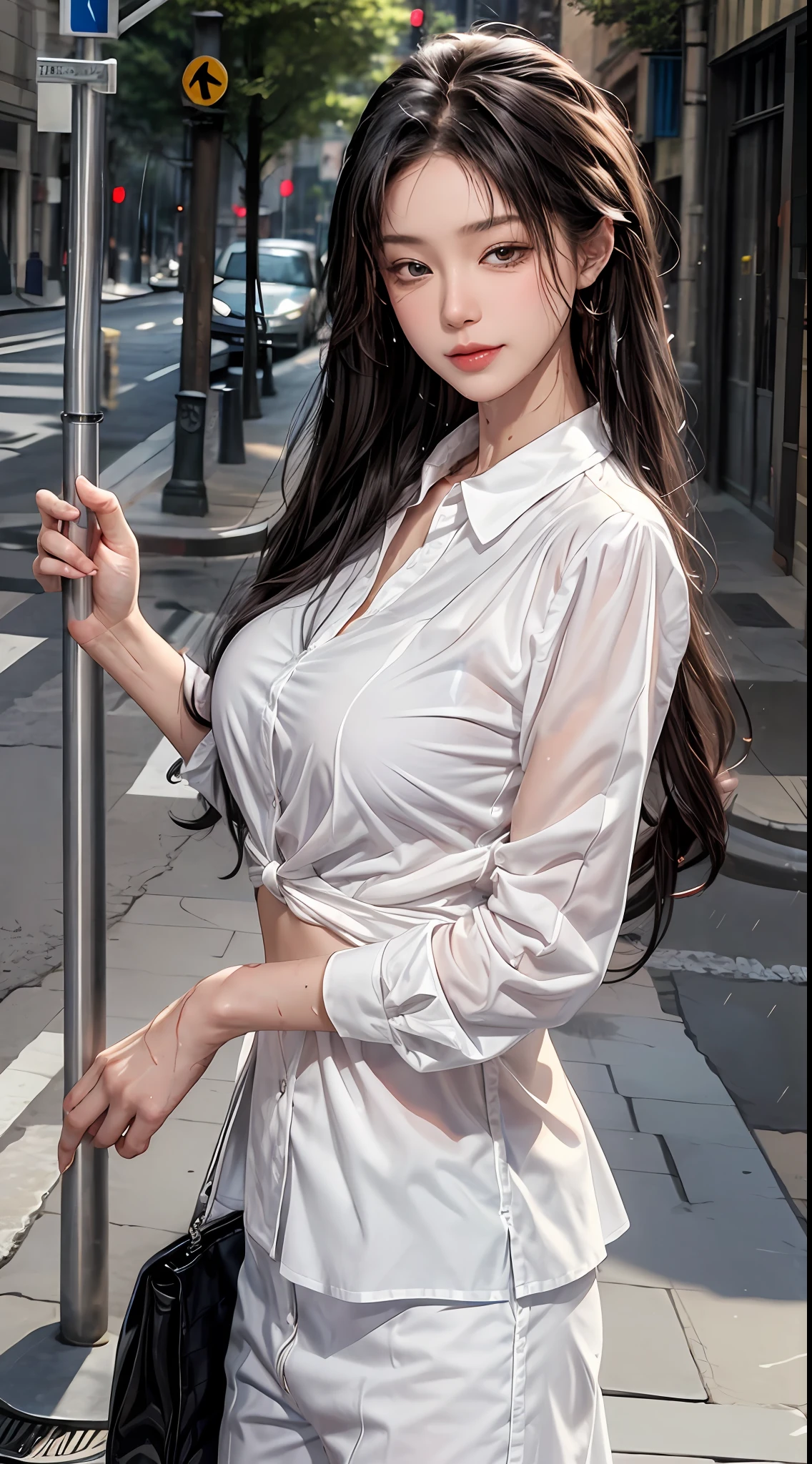((Best Quality, 8K, Masterpiece: 1.3)), Sharp: 1.2, Perfect Body Beauty: 1.4, Slim Abs: 1.2, ((Layered Hairstyle, Big Breasts: 1.2)), (Wet White Button Long Shirt: 1.1), (Rain, Street: 1.2), Wet: 1.5, Highly detailed face and skin texture, Fine eyes, double eyelids, side face looking at the camera, half eyes closed