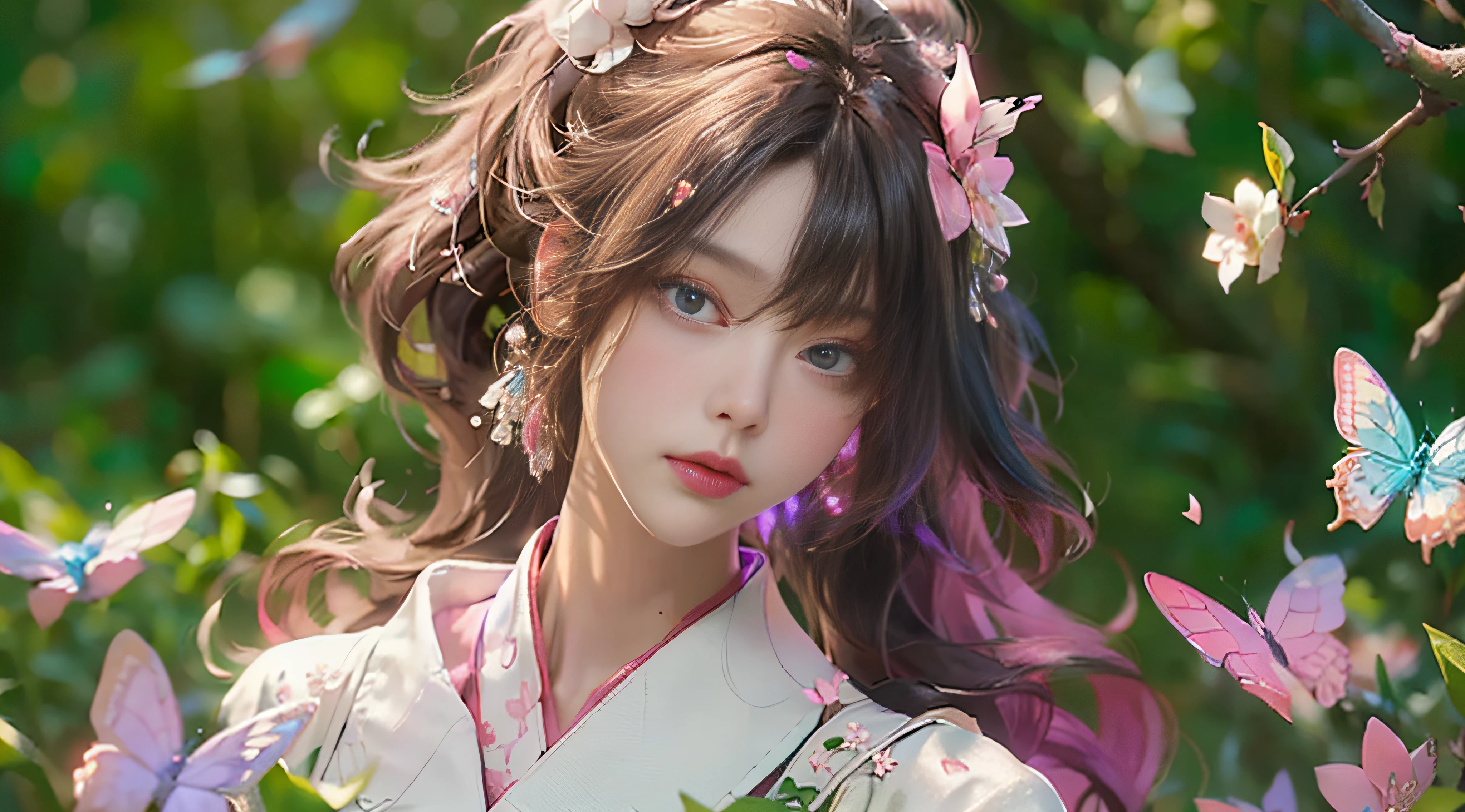 ((Best Quality)), ((Masterpiece)), (Detail: 1.4), 3D, Beautiful Cyberpunk Female Image, HDR (High Dynamic Range), Ray Tracing, NVIDIA RTX, Super Resolution, Unreal 5, Subsurface Scattering, PBR Texture, Post-Processing, Anisotropic Filtering, Depth of Field, Maximum Sharpness and Sharpness, Multi-layer Texture, Albedo and Highlight Mapping, Surface Coloring, Mitsu-Accurate Simulation of Material Interactions, Perfect Proportions, Octane Rendering, Two-color Light, Large Aperture, Low ISO, white balance, regular three-point, 8K RAW, beautiful bright pupils, flowing robe, fine pupils, delicate face and eyes, long eyelashes, blush, fluffy hair, pink lips, pure, cute, plump body, cherry blossom petals falling, butterflies