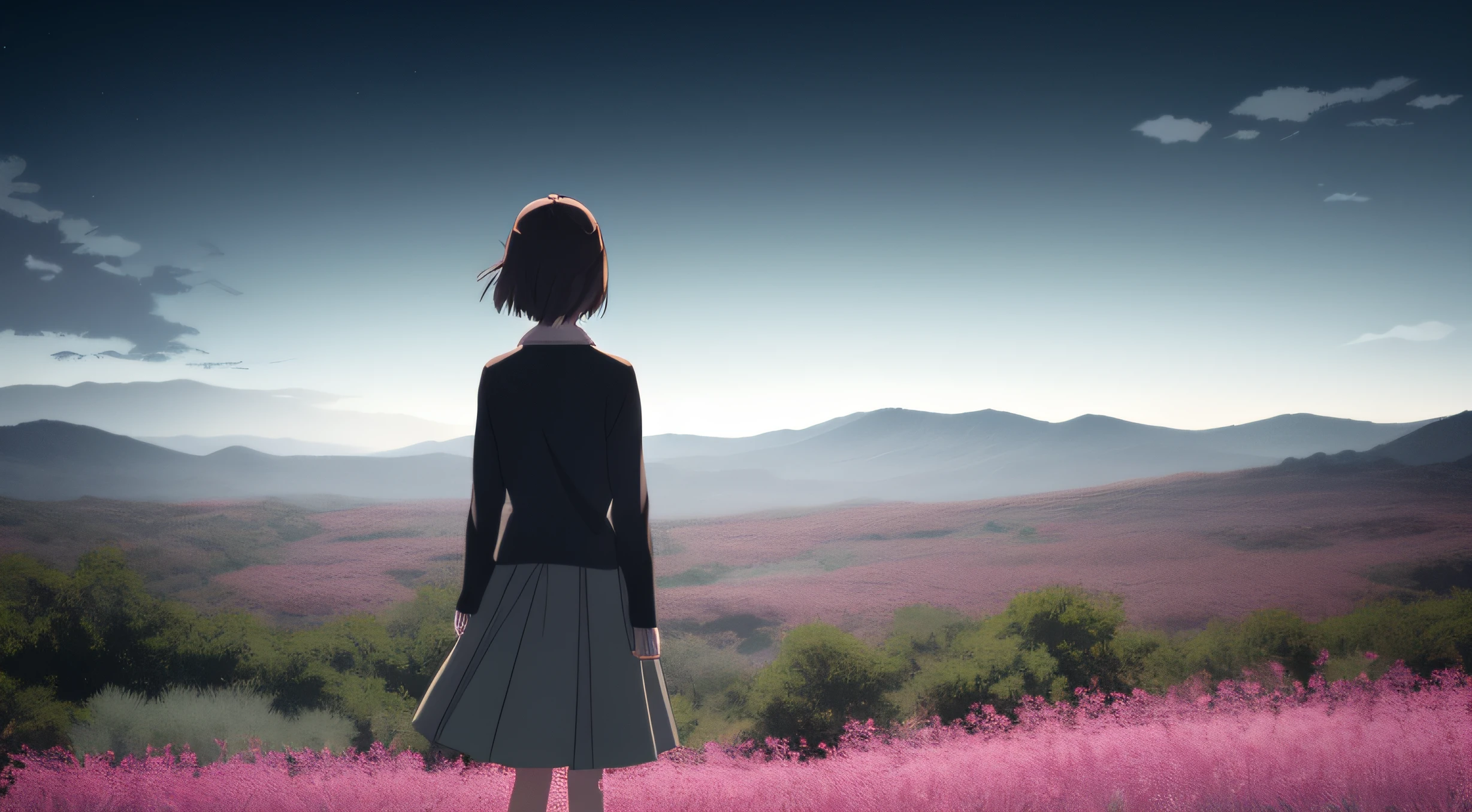 Very detailed and accurate anime-style illustration, very cute young woman, brown short hair, perfectly round gray eyes, looking into the distance, wearing a gray shirt and a long gray skirt. The surrounding area is a lot of pink flowers blooming on the plateau in the early morning, and the background is dark mountains before dawn, dark sky, dramatic backlighting, Makoto Shinkai anime style.