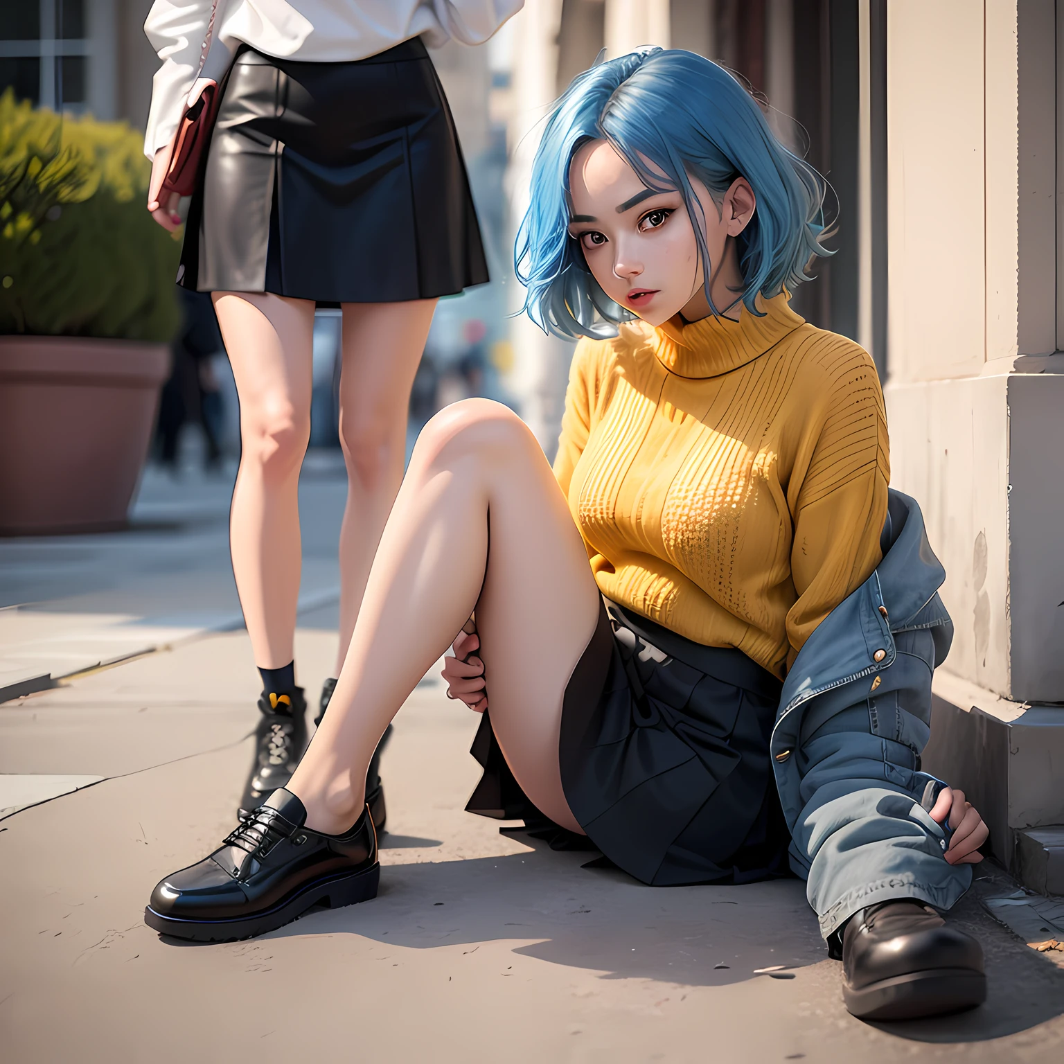 Describe a girl who has blue hair and looks very unique. She wears a yellow sweater, a color that makes her appear bright and vibrant. She wore a short black skirt underneath, showing off her slender legs. She wears a pair of gray shoes on her feet, a color that harmonizes perfectly with her overall match. The image of this girl is very stylish and personal, making it possible to notice her presence at a glance. --auto
