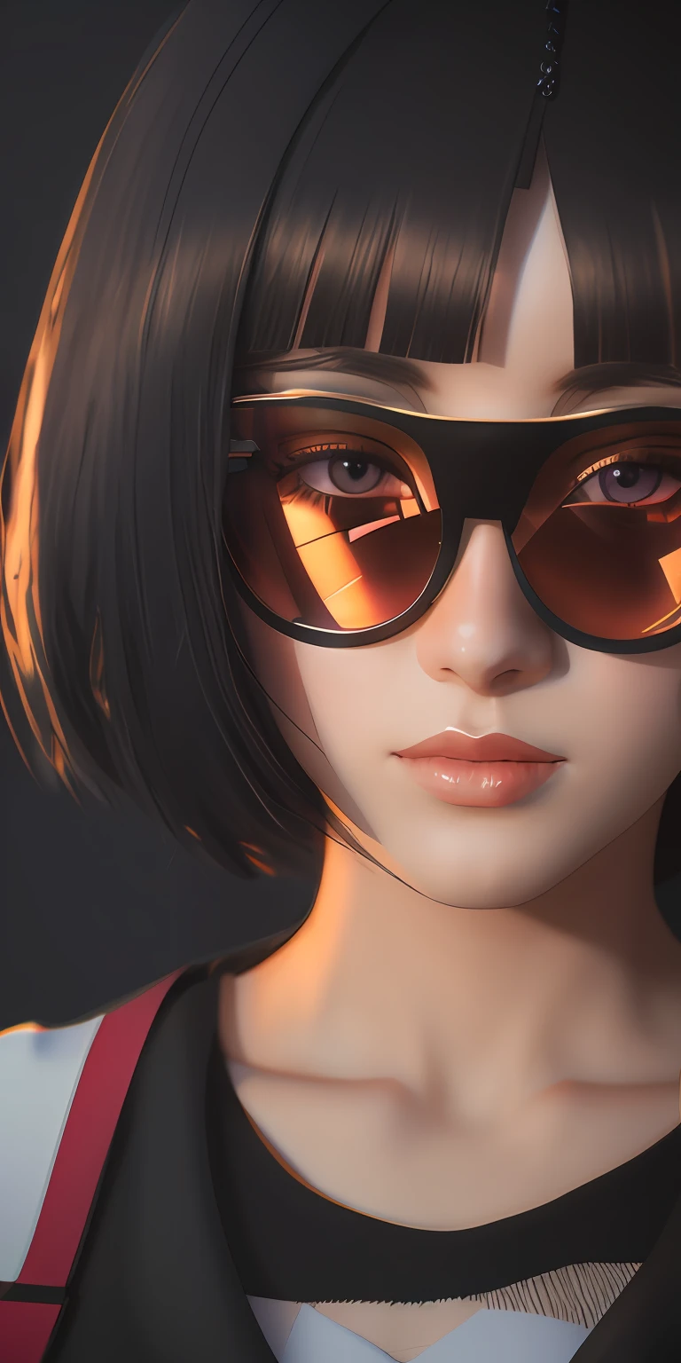 There is a woman with black hair and sunglasses, Guweiz-style art, realistic 3D anime style, 3D anime style, anime style. 8k, render girl photorealistic anime, 3d realistic anime, futuristic glasses lenses, mirror edge art style, mirror's edge style, render of a cute 3d anime girl