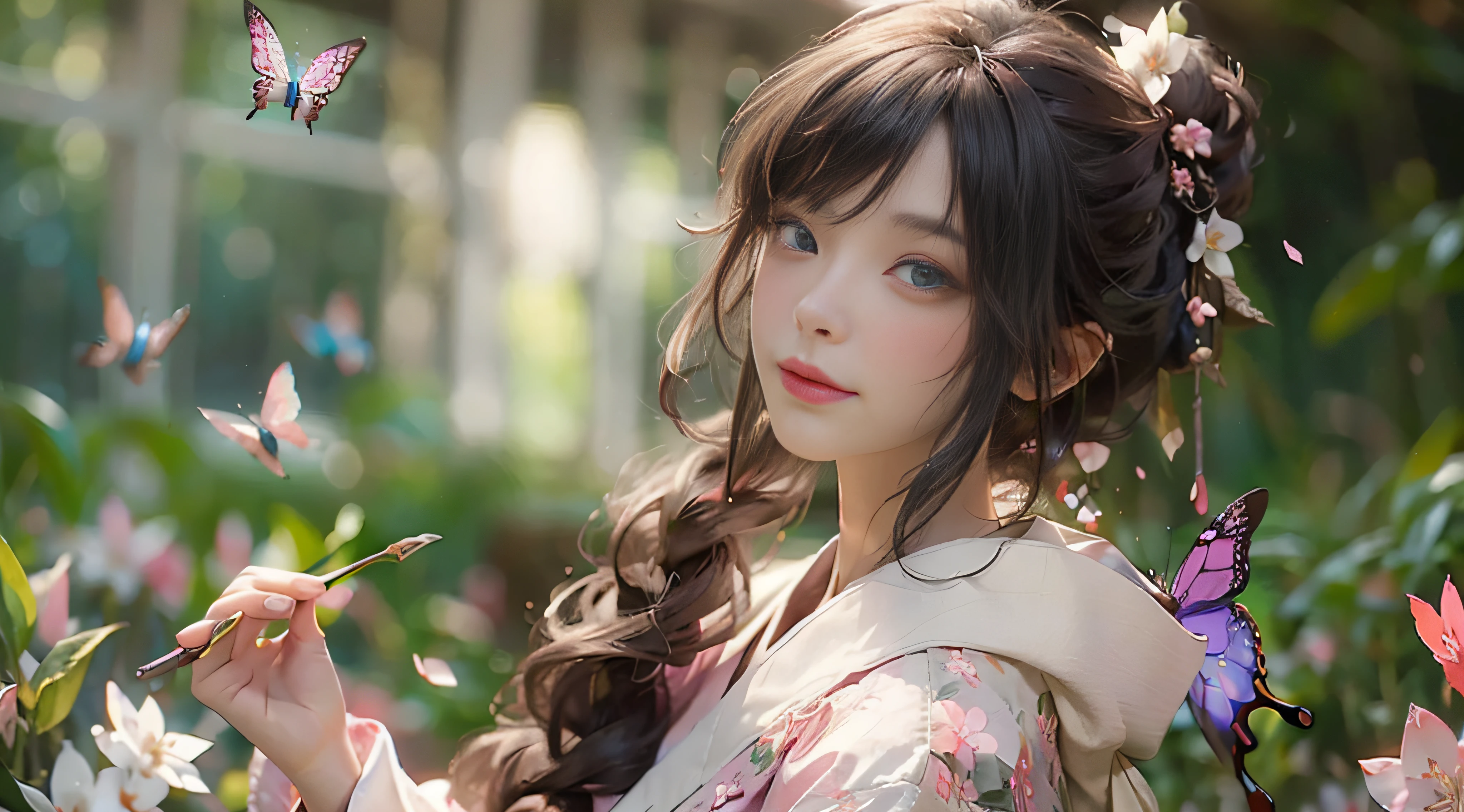 ((Best Quality)), ((Masterpiece)), (Detail: 1.4), 3D, Beautiful Cyberpunk Female Image, HDR (High Dynamic Range), Ray Tracing, NVIDIA RTX, Super Resolution, Unreal 5, Subsurface Scattering, PBR Texture, Post-Processing, Anisotropic Filtering, Depth of Field, Maximum Sharpness and Sharpness, Multi-layer Texture, Albedo and Highlight Mapping, Surface Coloring, Mitsu-Accurate Simulation of Material Interactions, Perfect Proportions, Octane Rendering, Two-color Light, Large Aperture, Low ISO, white balance, regular three-point, 8K RAW, beautiful bright pupils, flowing robe, fine pupils, delicate face and eyes, long eyelashes, blush, fluffy hair, pink lips, pure, cute, cherry blossom petals falling, butterfly