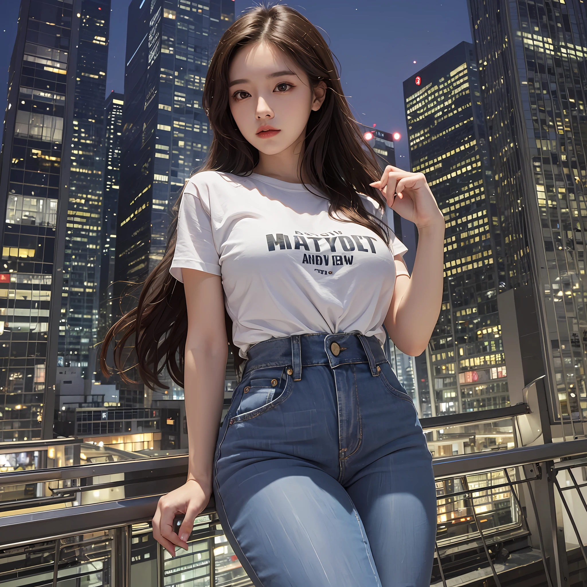 ((Midnight, Best quality, 8k, Masterpiece :1.3)), Whole body, Long legs, Sharp focus :1.2, A pretty woman with perfect figure :1.4, Slender abs :1.1, ((Dark brown hair, Big breasts :1.2)), (White tight tshirt, Jean bib, Standing:1.2), ((Night city view, Rooftop:1.3)), Highly detailed face and skin texture, Detailed eyes, Double eyelid --auto