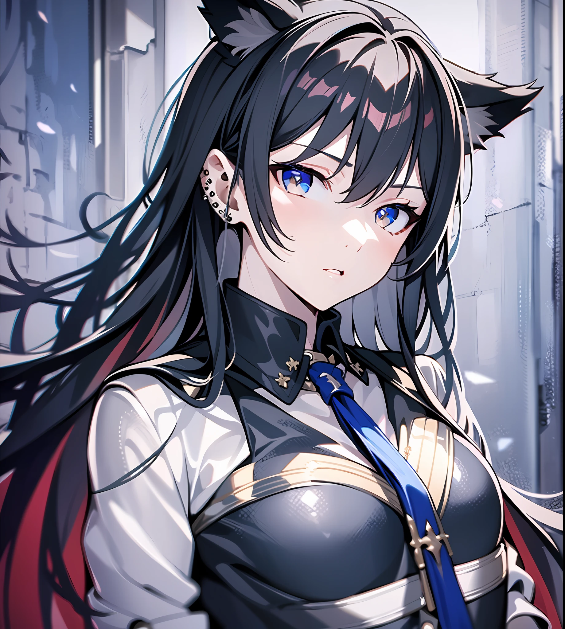 1girl, (solo:1.2), ((masterpiece)), slim, small chest, pale skin, ((detailed eyes)), (bokeh effect), (dynamic angle), dynamic pose, cat ears, black hair, long hair, blue tie, black attire, piercing gaze, narrowed eyes