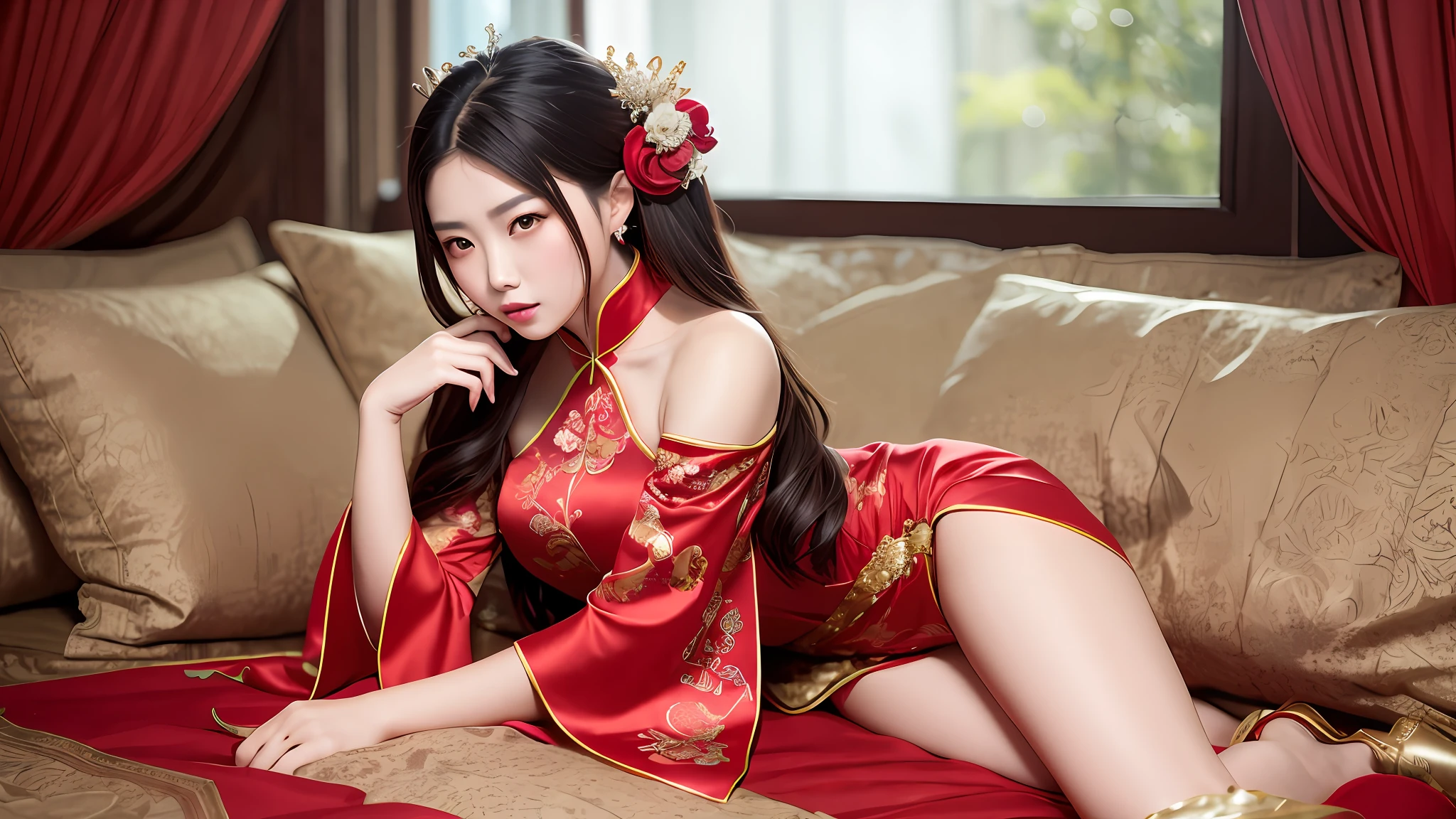 araffe woman in red dress laying on a bed with pillows, a beautiful fantasy empress, chinese girl, trending on cgstation, chinese princess, chinese costume, chinese empress, beautiful render of tang dynasty, full body xianxia, ((a beautiful fantasy empress)), chinese dress, chinese style, wearing a red cheongsam, chinese fantasy