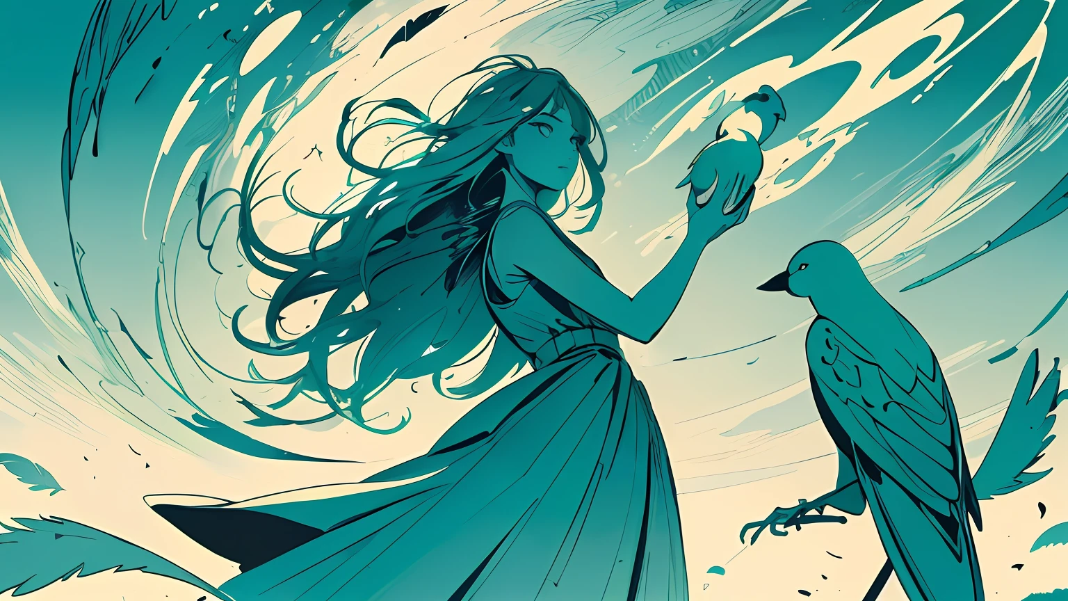 (flat color :1.4),(colorful:1.2),(((masterpiece))),(((bestquality))),((ultra-detailed)),(illustration),((anextremelydelicateandbeautiful)), 1 woman,(teal color theme:1.5),light leaks,strong wind,teal background,holding birds between hands,detail face,standing,beautiful face,feathers floating in the air,light bloom,surreal
