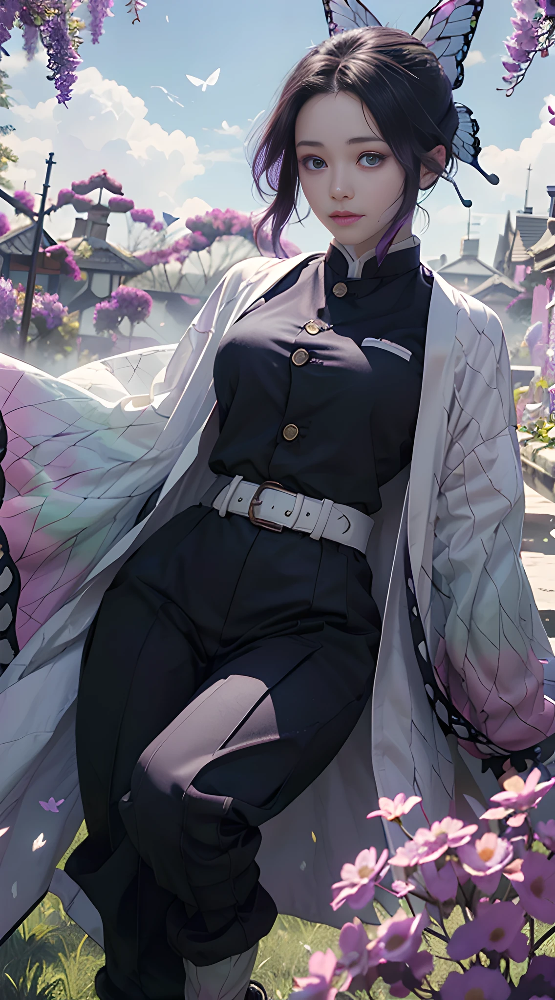 Ultra-realistic 8k CG, masterpiece, close-up, (weapon in hand: 1.2), (attack: 1.2), beauty, goddess, from the front, face sticking out, (super detailed background, delicate pattern, intricate details)), high quality, highly detailed face, highly detailed eyes and face, highly detailed eyes, kocho shinobi, multicolored hair, no bangs, hair intake, purple eyes, forehead, black shirt, black pants, (haori, butterfly, buttons, Belt, (garden: 1.2), purple flowers, chibi, cloudy sky, sunlight, tyndall effect, gradient_sky, face, gorgeous sky, waist sword,