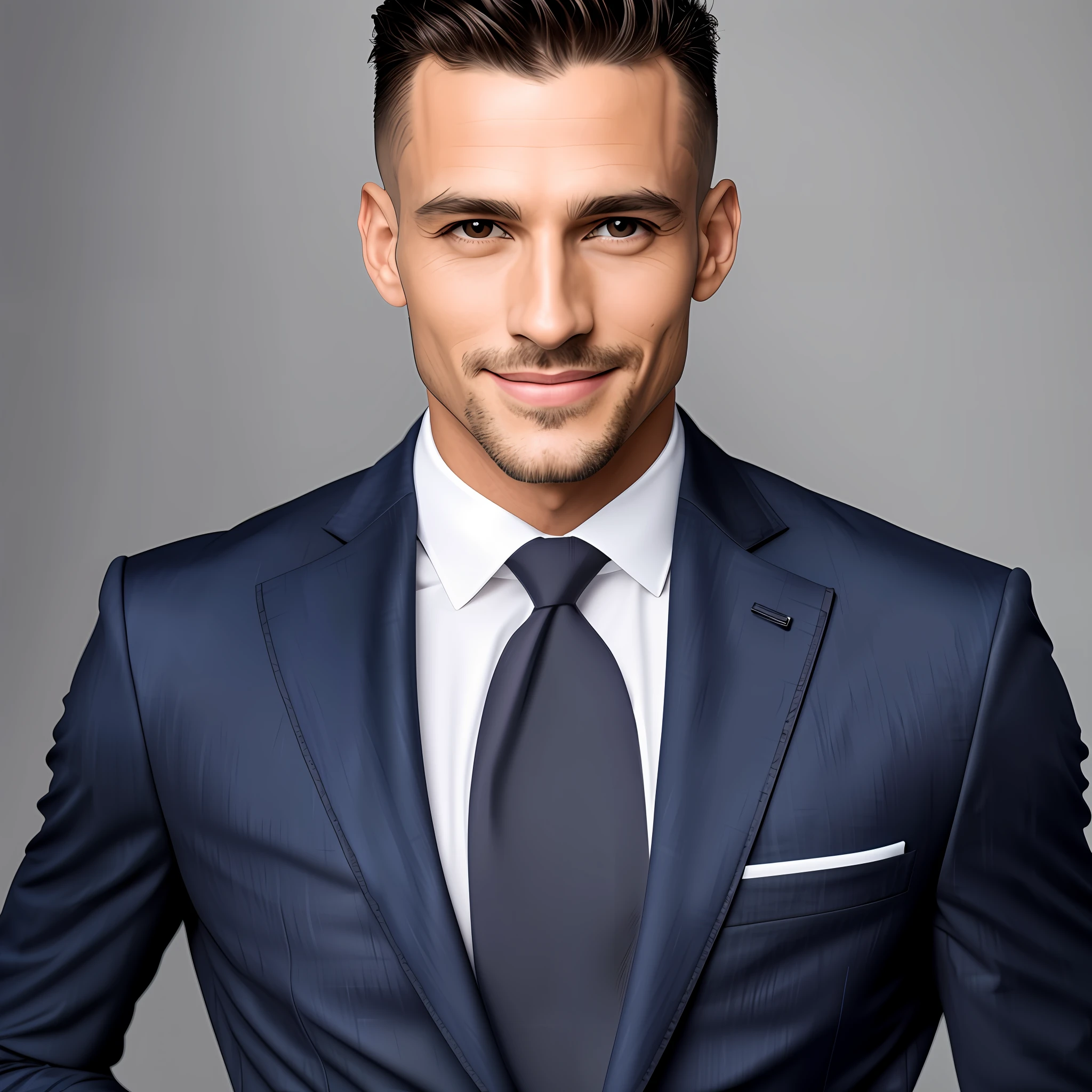 charlzcjm, headshot, (jacked charlzcjm, bright hazel green eyes), (curly low fade haircut:1.14), (sunburned skin, 5 o'clock shadow) ((smirking, buff)), detailed face, detailed iris, full lips, ((cute, wearing a modern luxury dark navy blue suit, pocket handkerchief, buff, wavy low fade haircut)), ((grey background, symmetrical facial features)), intricate details, studio lighting, 80mm, portrait, shallow depth of field, CEO, smirking, happy