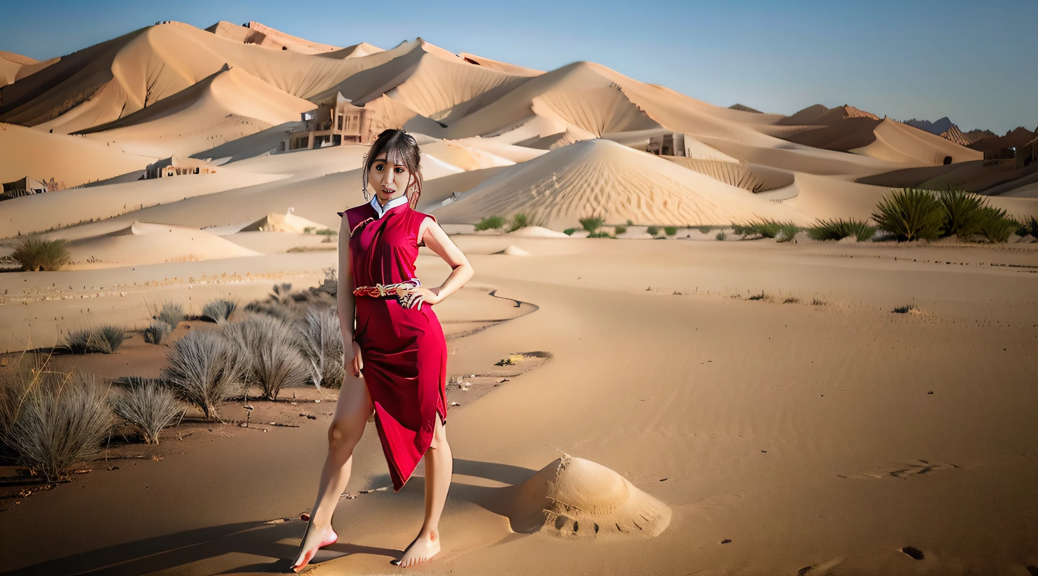 A beautiful Chinese woman stands barefoot in the desert and takes a full-body photo in Dunhuang clothes