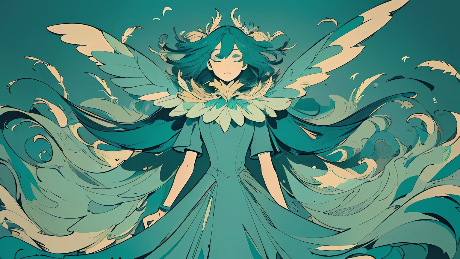 (flat color :1.4),(colorful:1.2),(((masterpiece))),(((bestquality))),((ultra-detailed)),(illustration),((anextremelydelicateandbeautiful)), 1 woman,(teal color theme:1.5),light leaks,strong wind,teal background,detail face,standing,beautiful face,feathers floating in the air,light bloom,surreal