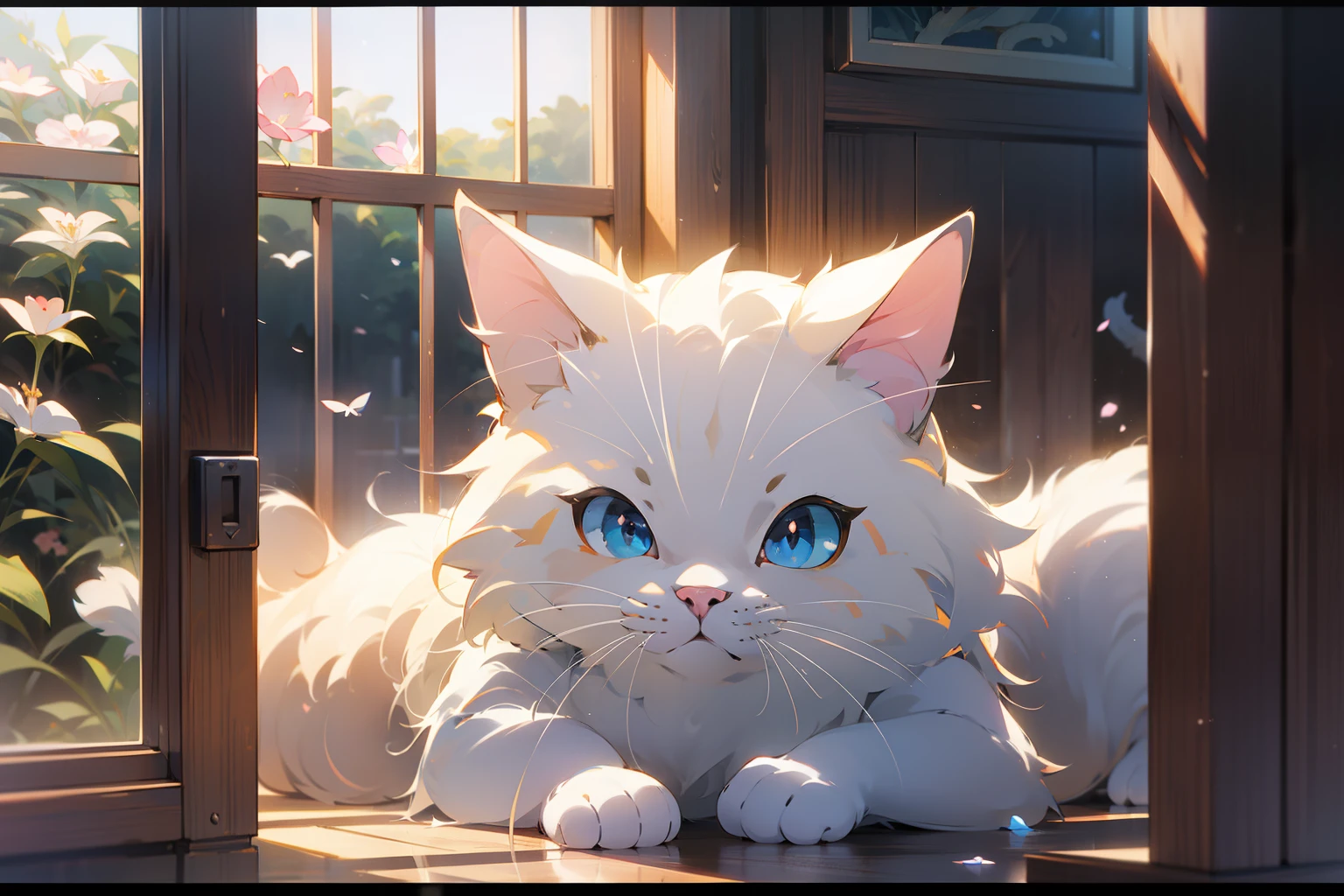 Cute white puppet cat, Hayao Miyazaki dream style, surreal animal illustration, bow, flowers, window, sky, meiji art, light color color painting, rich layers, realistic figurative painting, realistic hyper-detailed portrait style, new traditional japan, soft edges, fantastic illustration, (very detailed CG unity 8k wallpaper), clean background, natural light, best quality, hyper detail, 3d art, c4d, blender, oc renderer, 3d rendering, 8k