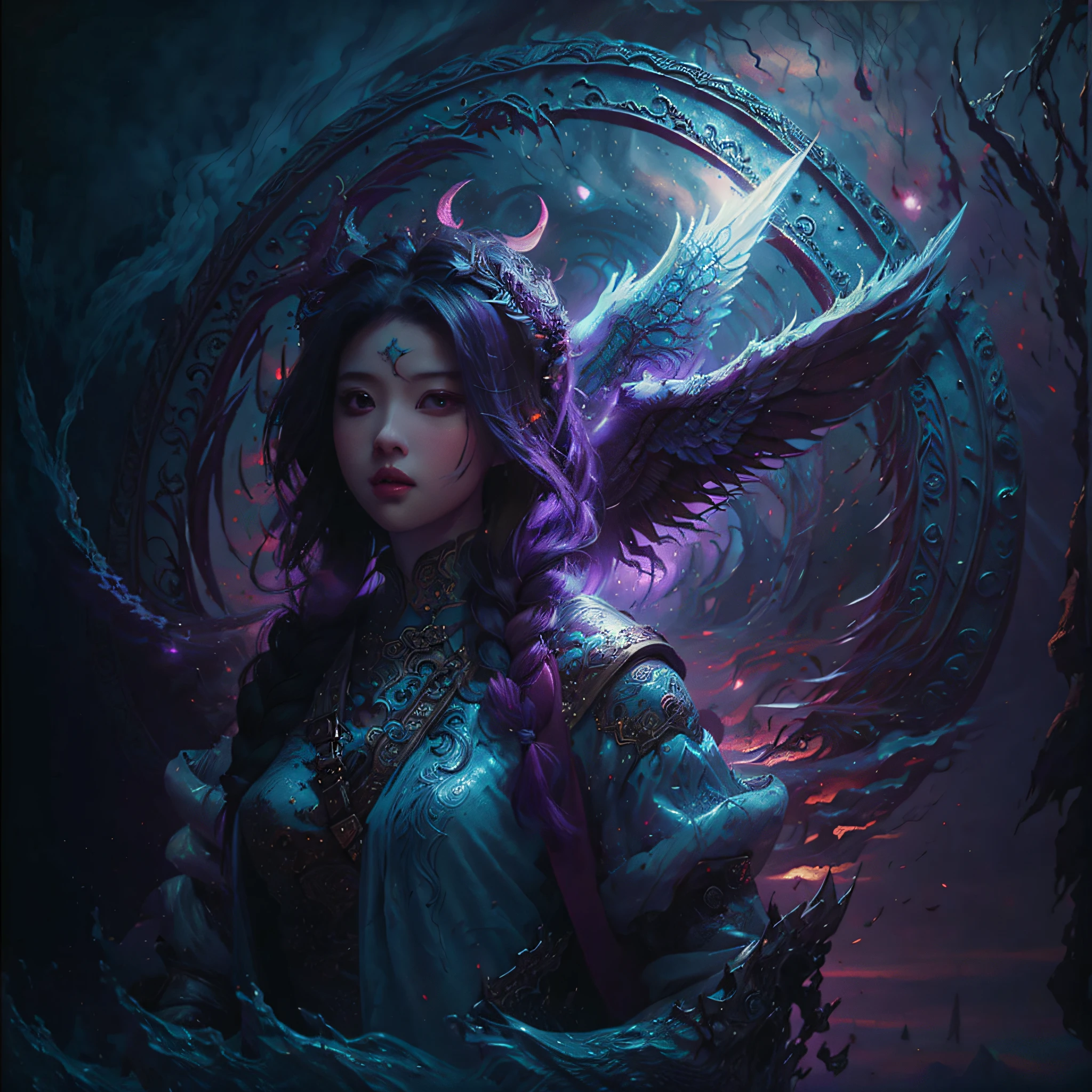 portrait of a female, busty, aasimar, spread white angelic wings, flying (dnd art, fantasy art, masterpiesce best quality), cleric, (dnd art, fantasy art, masterpiesce best quality), with a long braided red (dnd art, fantasy art, Masterpiece, best quality) , heavy white plait mail arrmor , (dnd art, fantasy art, masterpiesce best quality) armed in the right hand with a long sword with runes (Masterpiece, best quality) casting a spell (dnd art, Masterpiece, best quality), wearing cloak, purple, flowing , in a fantasy castle background , (dnd art, fantasy art, Masterpiece, best quality) --auto