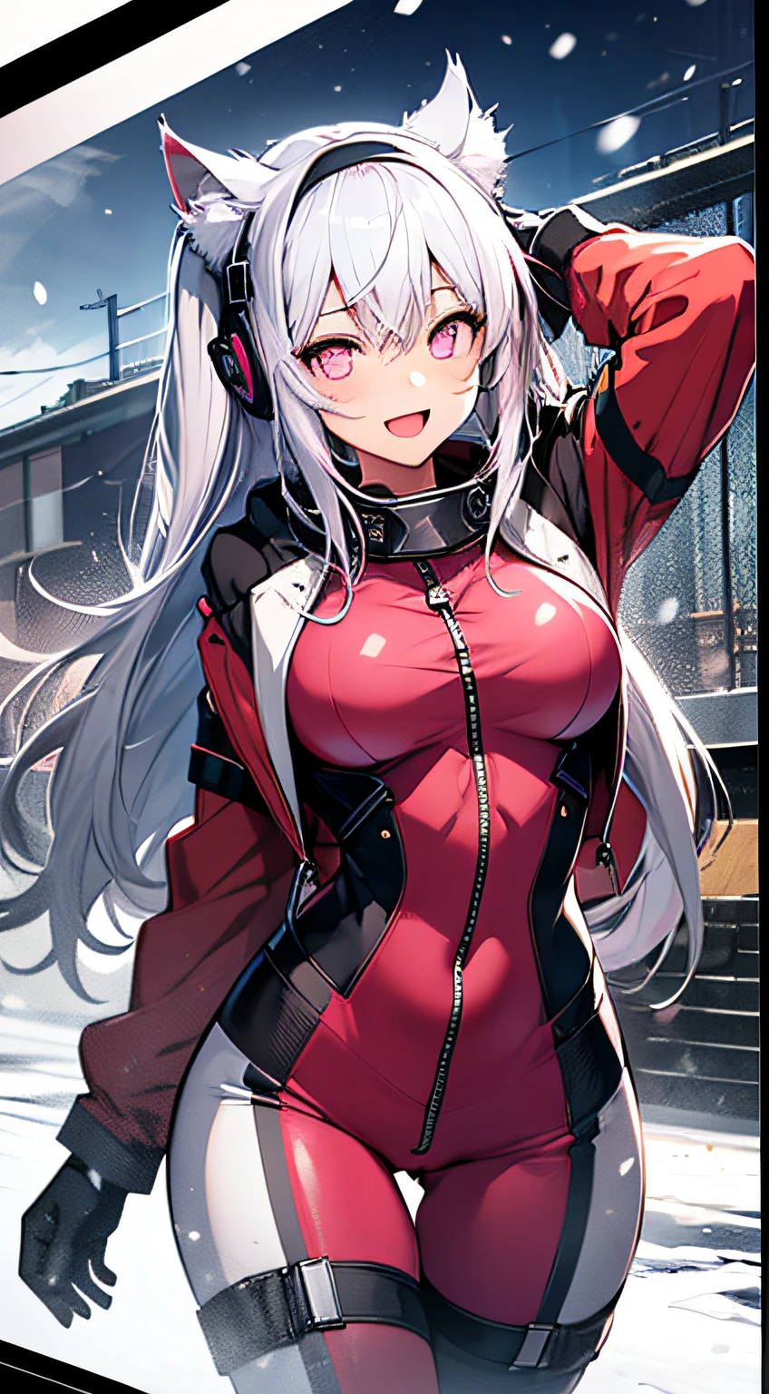 (RAW Photos, Best Quality, Masterpiece: 1.2), (Real, Photoreal: 1.4), (Masterpiece: 1.4), (Best Quality: 1.4), 1 Girl, Solo, :d, Cat Ears Headphones, Cat Ears, Arm Up, Bangs, Blush, Bodysuit, Chest, Clothes Writing, Covered Navel, Cowboy Shot, Cropped Jacket, , Gloves, Outdoor, Morning, Snow, Hair Intake, Headphones, impossible bodysuit, impossible clothes, jacket, big, latex, latex bodysuit, long hair, long sleeves, looking at viewer, big, colorful gloves, open mouth, pink bodysuit, pink eyes, red eyes, red jacket, shiny clothing, shrug \(clothing\), side locks, snug to skin, smile, thigh gap, thighs, twin tails, Very long hair, white gloves, white hair, Alice \ (Nicke\), (shiny skin), real,