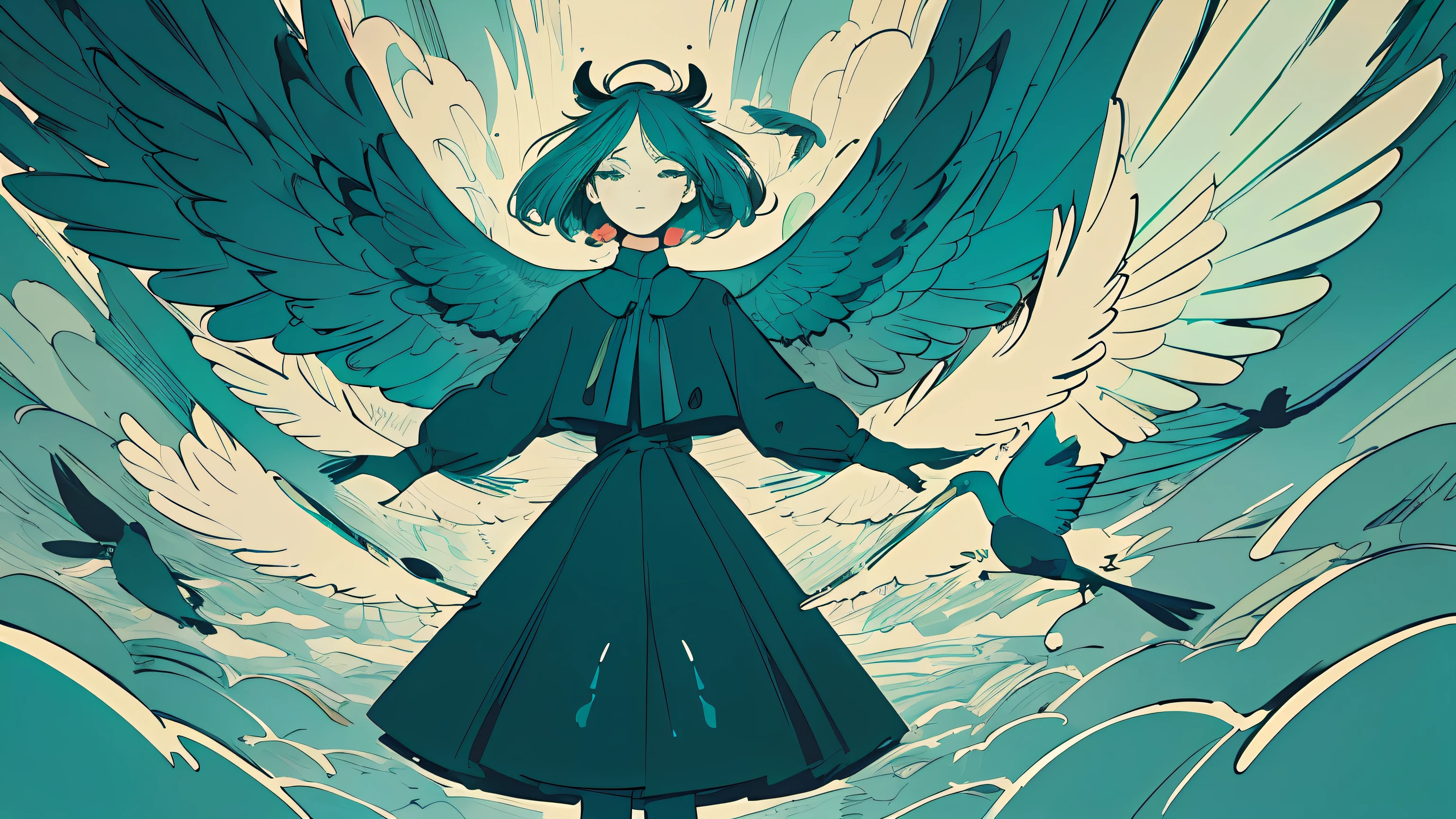 (flat color :1.4),(colorful:1.2),(((masterpiece))),(((bestquality))),((ultra-detailed)),(illustration),((anextremelydelicateandbeautiful)), 1 woman,(teal color theme:1.5),light leaks,strong wind,teal background,holding birds between hands,detail face,standing,beautiful face,feathers floating in the air,light bloom,surreal