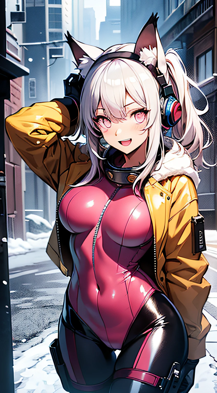 (RAW Photos, Best Quality, Masterpiece: 1.2), (Real, Photoreal: 1.4), (Masterpiece: 1.4), (Best Quality: 1.4), 1 Girl, Solo, :d, Cat Ears Headphones, Cat Ears, Arm Up, Bangs, Blush, Bodysuit, Chest, Clothes Writing, Covered Navel, Cowboy Shot, Cropped Jacket, , Gloves, Outdoor, Morning, Snow, Hair Intake, Headphones, impossible bodysuit, impossible clothes, jacket, big, latex, latex bodysuit, long hair, long sleeves, looking at viewer, big, colorful gloves, open mouth, pink bodysuit, pink eyes, red eyes, red jacket, shiny clothing, shrug \(clothing\), side locks, snug to skin, smile, thigh gap, thighs, twin tails, Very long hair, white gloves, white hair, Alice \ (Nicke\), (shiny skin), real,