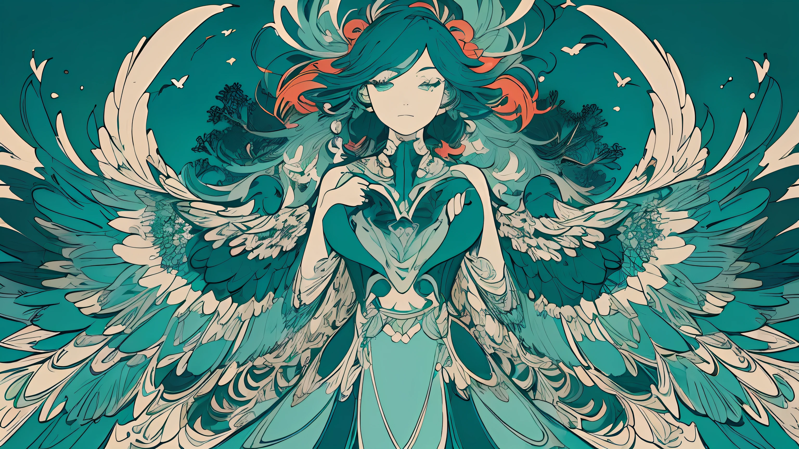 (flat color :1.4),(colorful:1.2),(((masterpiece))),(((bestquality))),((ultra-detailed)),(illustration),((anextremelydelicateandbeautiful)), 1 woman,(teal color theme:1.5),light leaks,strong wind,teal background,holding birds between hands,detail face,standing,beautiful face,feathers floating in the air,light bloom,surreal