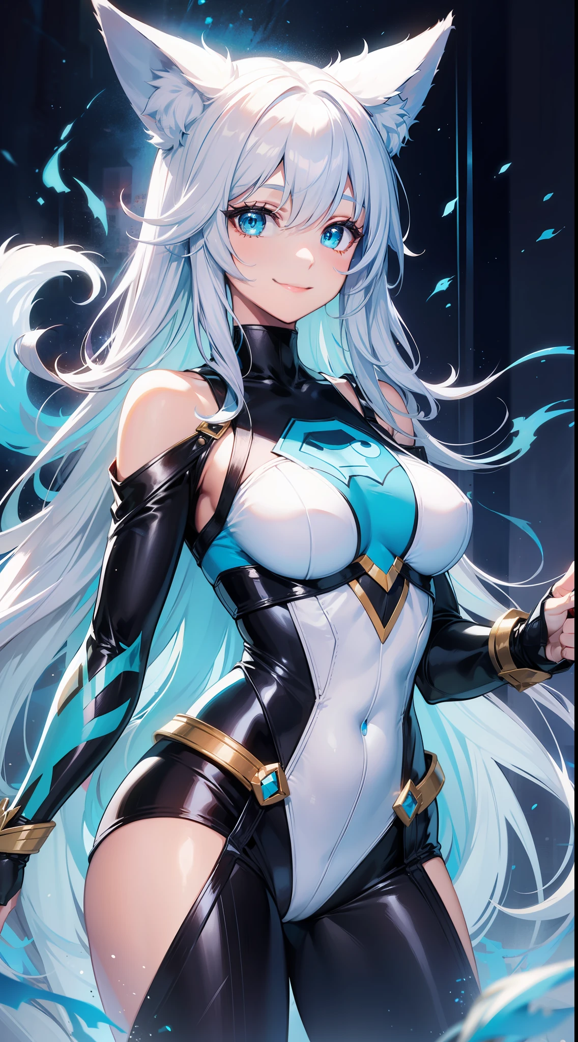 Young girl, long white hair, turquoise eyes, blue superhero costume, fox ears, fox tail, blue fire, smile, masterpiece, high quality