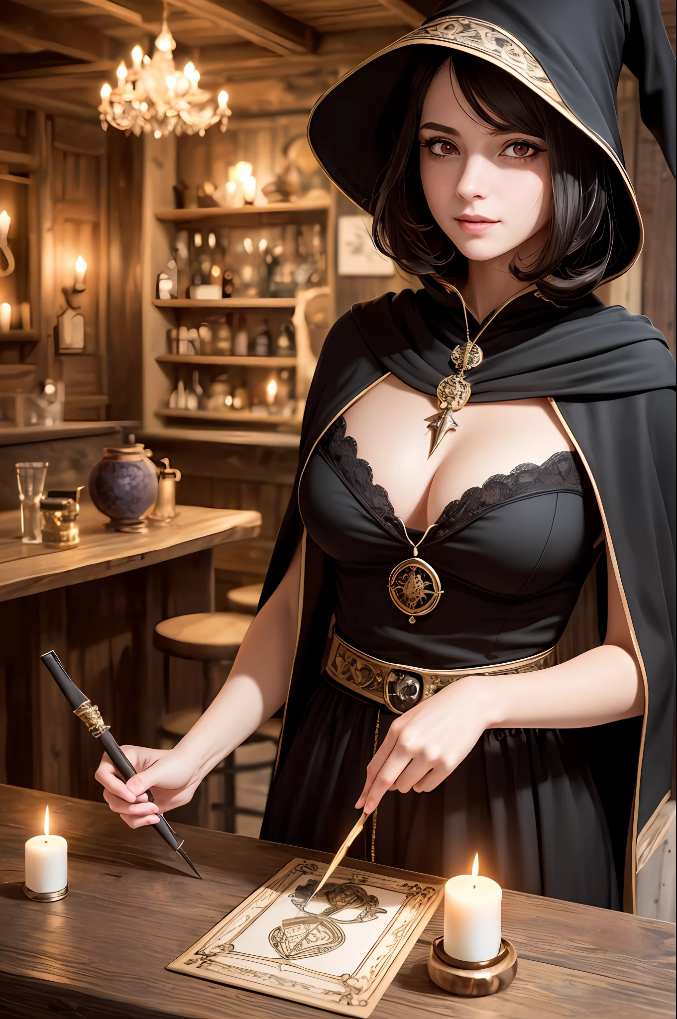 (skindentation:1.5), realistic, photorealistic, (masterpiece:1.5), concept art, intricate details, highly detailed, octane render, 8k, unreal engine, dynamic pose, best quality, highres, ((dramatic)), epic, depth of field, 8k, particles, (realistic face:1.1, hyperrealistic:1.1), ((1girl, close-up, large breasts, bare shoulders, perfect eyes, detailed eyes, high quality eyes, perfect_face, high quality face, shiny skin:1.2, shiny face:1.2, embarrassed, blush:0.8)), server, rustic tavern interior in background, pitcher, sign, jovial fantasy atmosphere, detailed background, blurry wooden bar table as foreground, (((black hair, red eyes, perfect hands))), ((witch, sorcerer, extremely intricate dark robes, dark hood, amulet, talisman, grimoire, crystal ball, tarot card, candle, cauldron, ritual knife, holding wand))