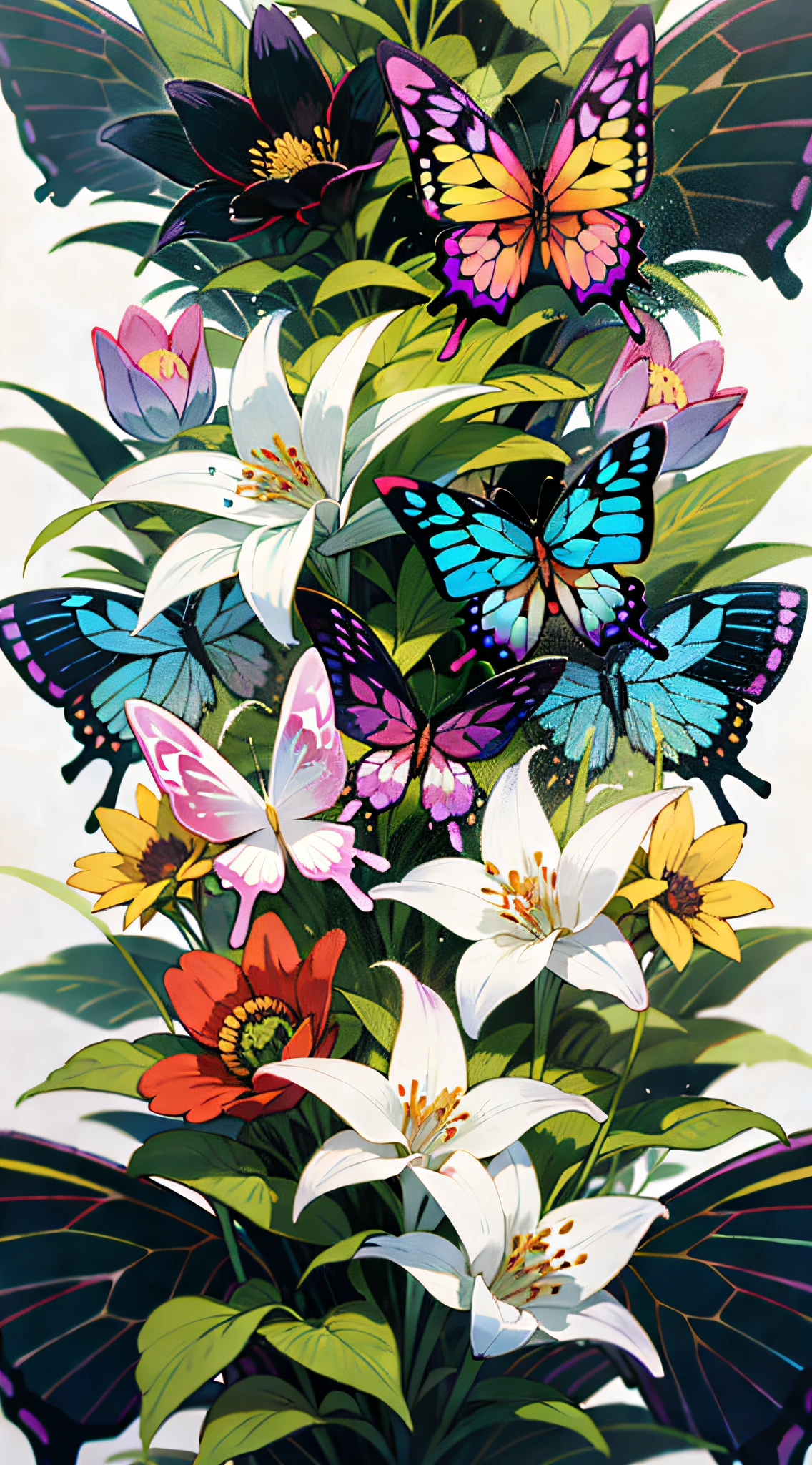 Not full picture, pure white background, flowers and butterflies flying around white background, flowers and butterflies, floral pattern skin, colorful flowers, garden floral pattern, made of wildflowers, floral environment, floral motive, butterfly embroidery, floral pattern, harmony of butterflies