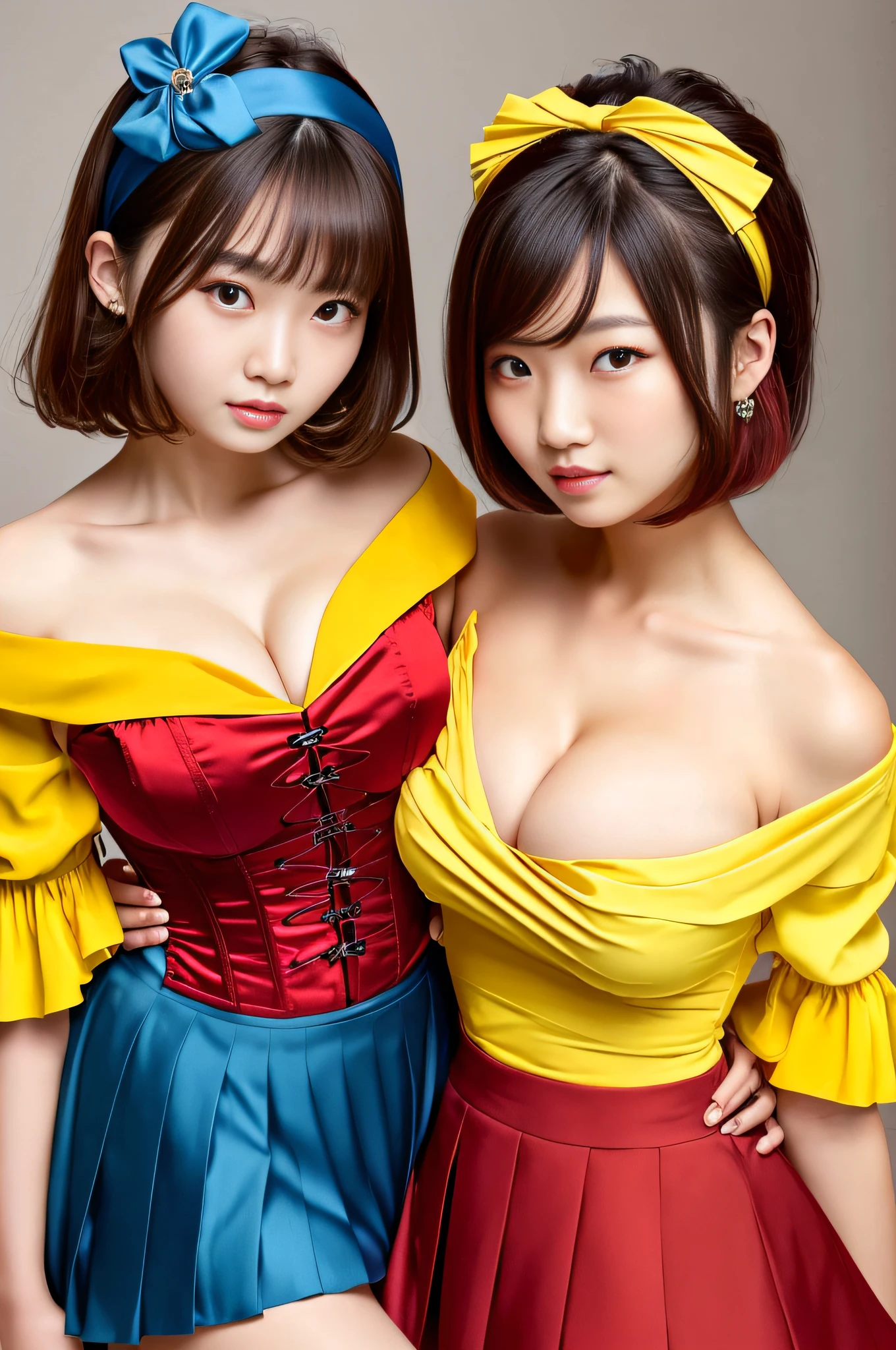 2 Beautiful Chinese models, (hugging), female, wearing (yellow pleated skater skirt, blue silk corset, red shoulder slash sleeves, hair: (short, bob, headband (red)), cleavage large breasts