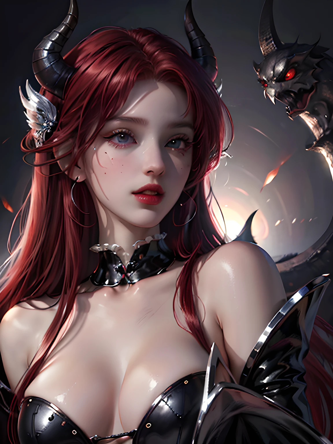 (hyper-realistic), (illustration), (high resolution), (8K), (extremely detailed), (best illustration), (beautiful detailed eyes), (best quality), (ultra detailed), (masterpiece), (wallpaper), (detailed face), 1 girl, demon girl, femdom, big breasts, perfect body, red hair, long hair, straight hair, purple eyes, latex, seductive, smile,