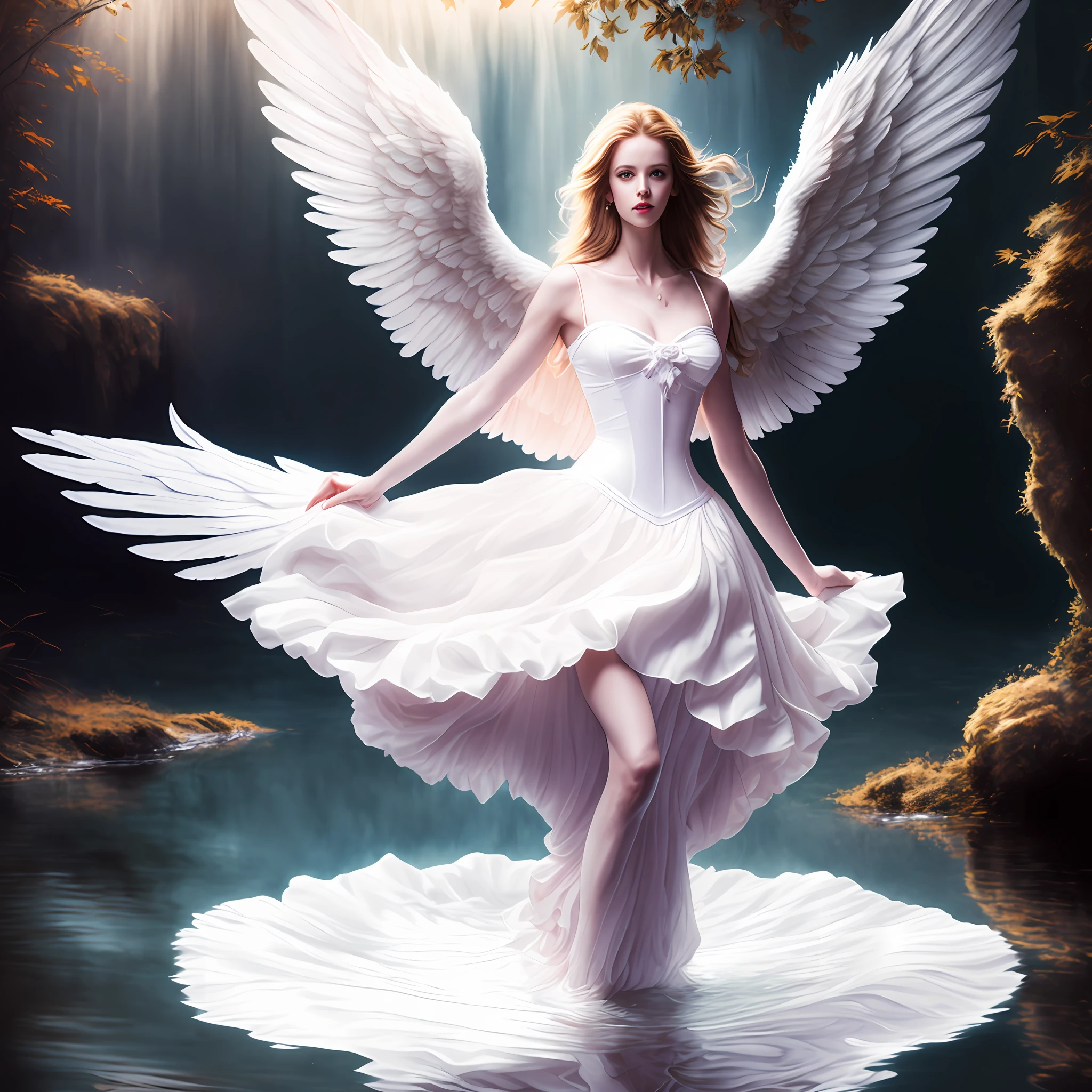 photo (fallenangel style:1) a digital painting of an (attractive angel:1) standing in the water wearing a white silk corset and ballerina skirt