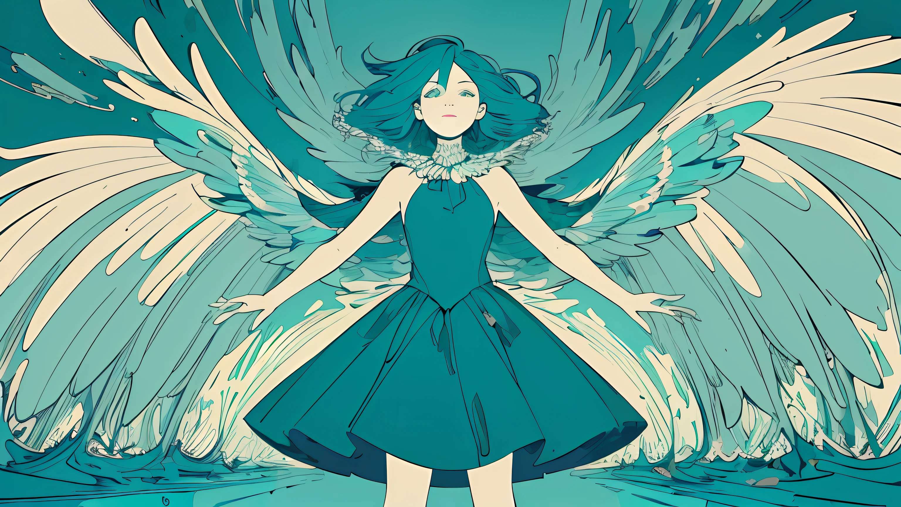 (flat color :1.4),(colorful:1.2),(((masterpiece))),(((bestquality))),((ultra-detailed)),(illustration),((anextremelydelicateandbeautiful)), 1 woman,(teal color theme:1.5),light leaks,strong wind,teal background,detail face,standing,beautiful face,feathers floating in the air,light bloom,surreal