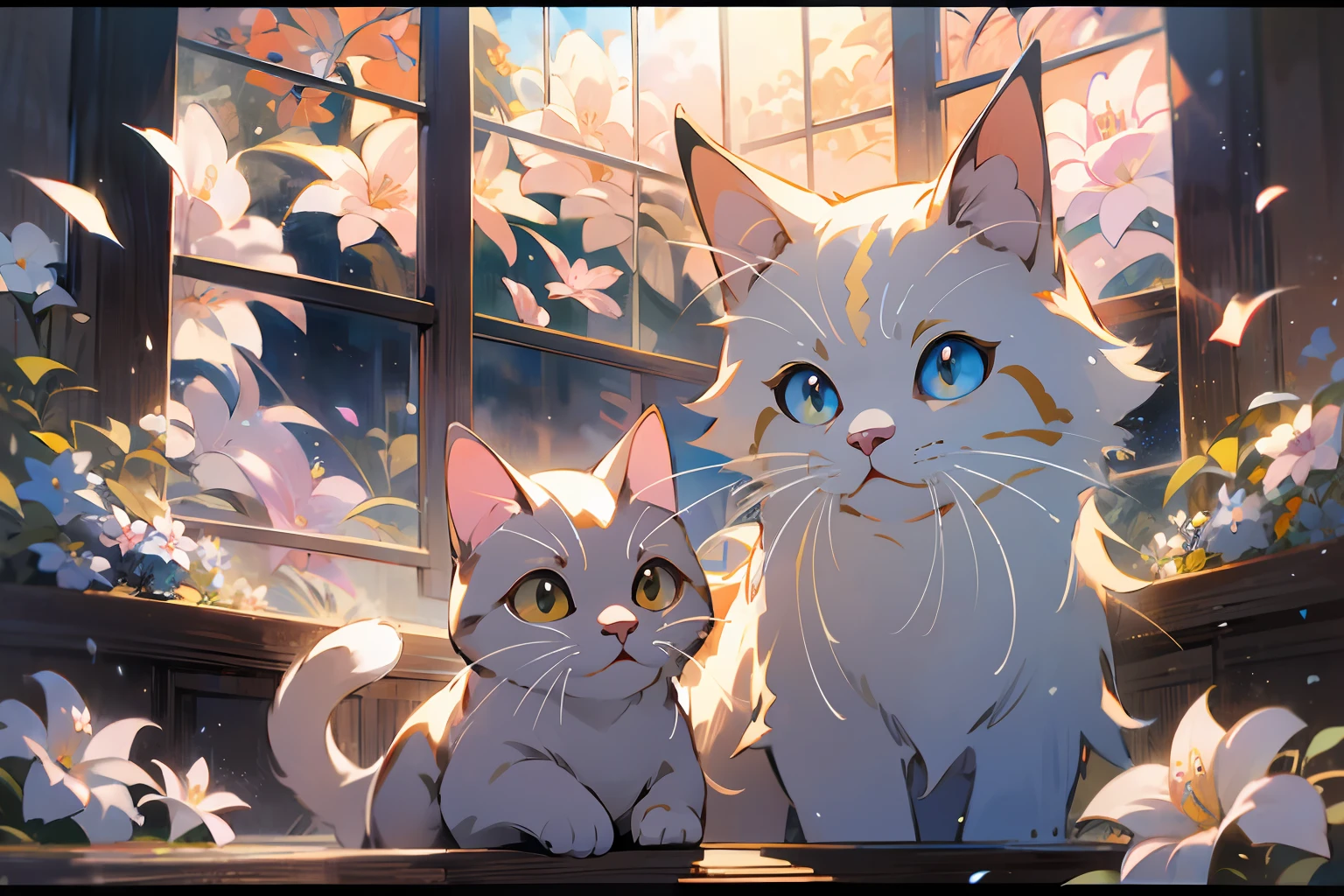 cute white puppet cat, hayao miyazaki dream style, surrealist animal illustration, bow, flowers, window, sky, meiji art, light color color painting, rich layers, realistic figurative painting, realistic hyper-detail portrait style, neo-traditional japan, soft edges, fantastic illustration, (very detailed CG unity 8k wallpaper), clean background, natural light, best quality, hyperdetail,