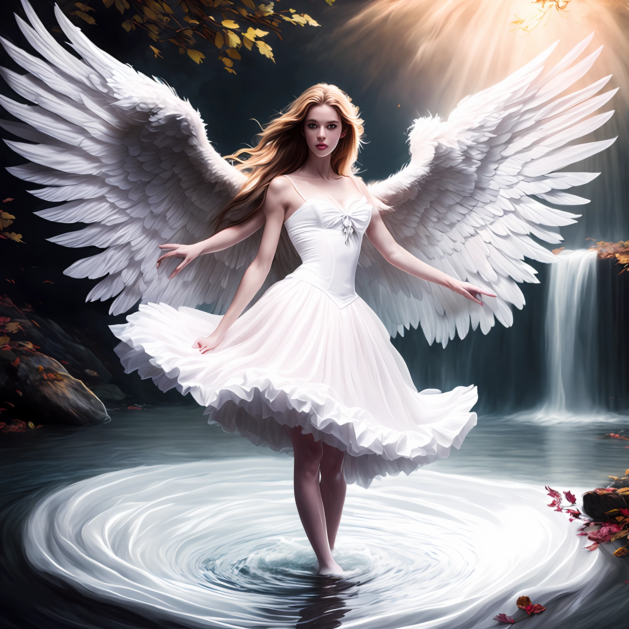 photo (fallenangel style:1) a digital painting of an (attractive angel:1) standing in the water wearing a white silk corset and ballerina skirt