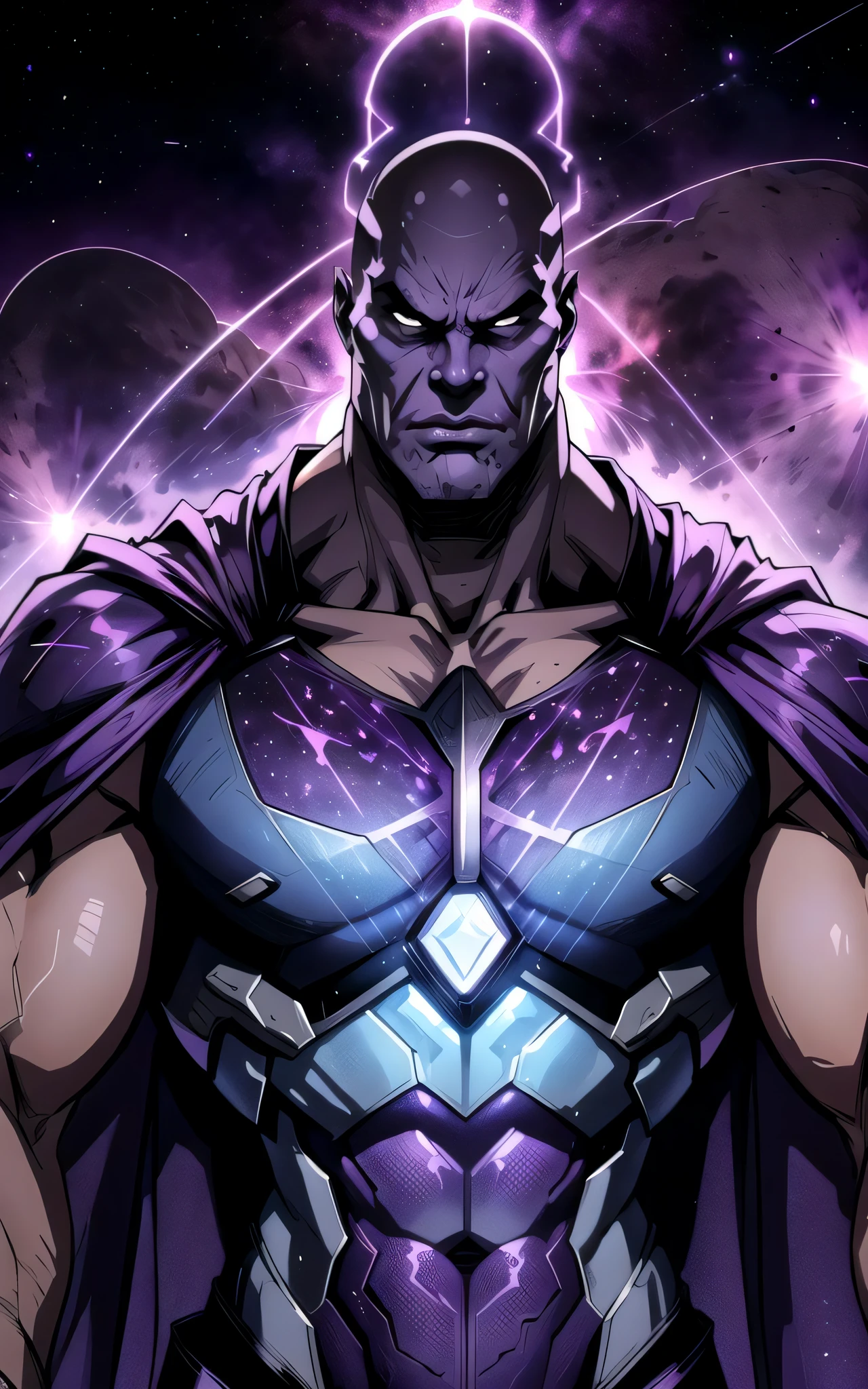 man, male focus, stunning angry Thanos, bald, purple cape, nebula space background, volumetric light, upper body, muscle, muscular, fantasy, dynamic angle, dynamic pose