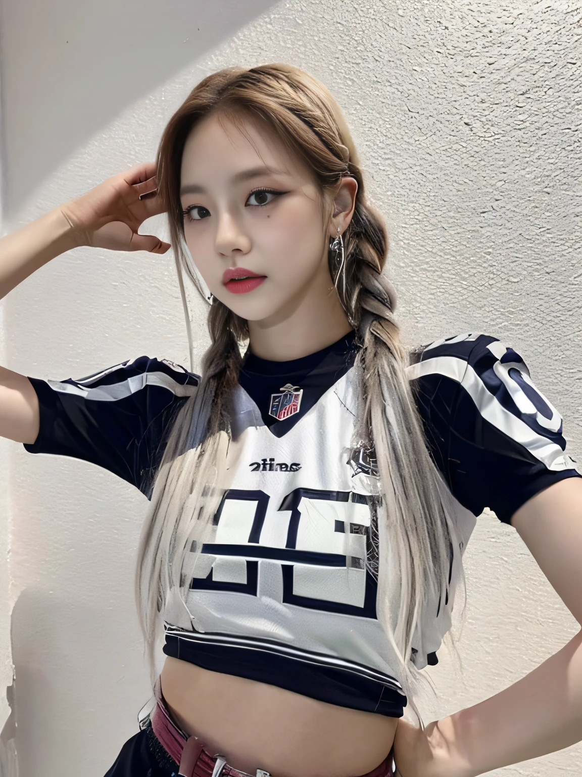 (Best Quality, 16k, Masterpiece: 1.3), Pretty Woman, 1Girl, Two Braids, Football Jersey, Open Waist, Ultra-Detail Face, Detail Lips, Detail Eyes, Double Eyelids, HD