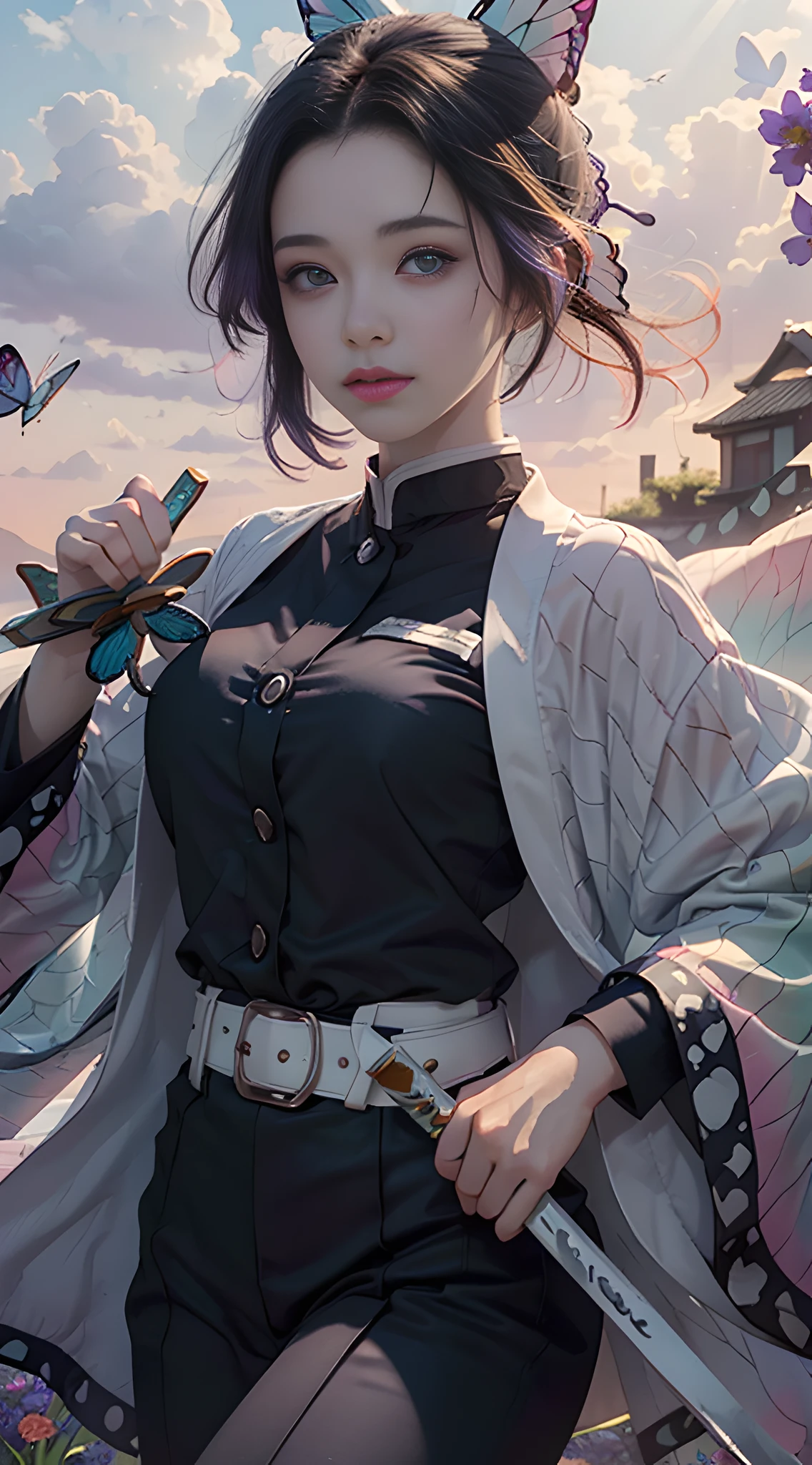 Ultra-realistic 8k CG, masterpiece, close-up, (weapon in hand: 1.2), (attack: 1.2), beauty, goddess, from the front, face sticking out, (super detailed background, delicate pattern, intricate details)), high quality, highly detailed face, highly detailed eyes and face, highly detailed eyes, kocho shinobi, multicolored hair, no bangs, hair intake, purple eyes, forehead, black shirt, black pants, (haori, Butterfly: 1.3, button, belt), (garden: 1.2), purple flowers, red cliffs, cloudy sky, sunlight, tyndall effect, gradient_sky, face, gorgeous sky, waist sword,