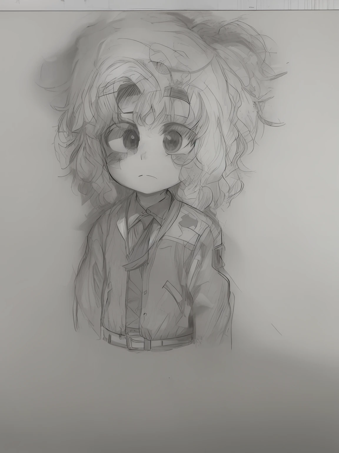 Draw a sad face and a girl in a jacket, faded drawing, old sketch, reduced saturation!, pencil doodles, eyes and curls, portrait of a small person, loose pencil sketch, ((portrait)), a painting, an anime manga, sketch, anime sketch, sketch art style, art in Josh's cunning style, white hair, red cloth hanging around the neck, red armbands, white shirt, belt
