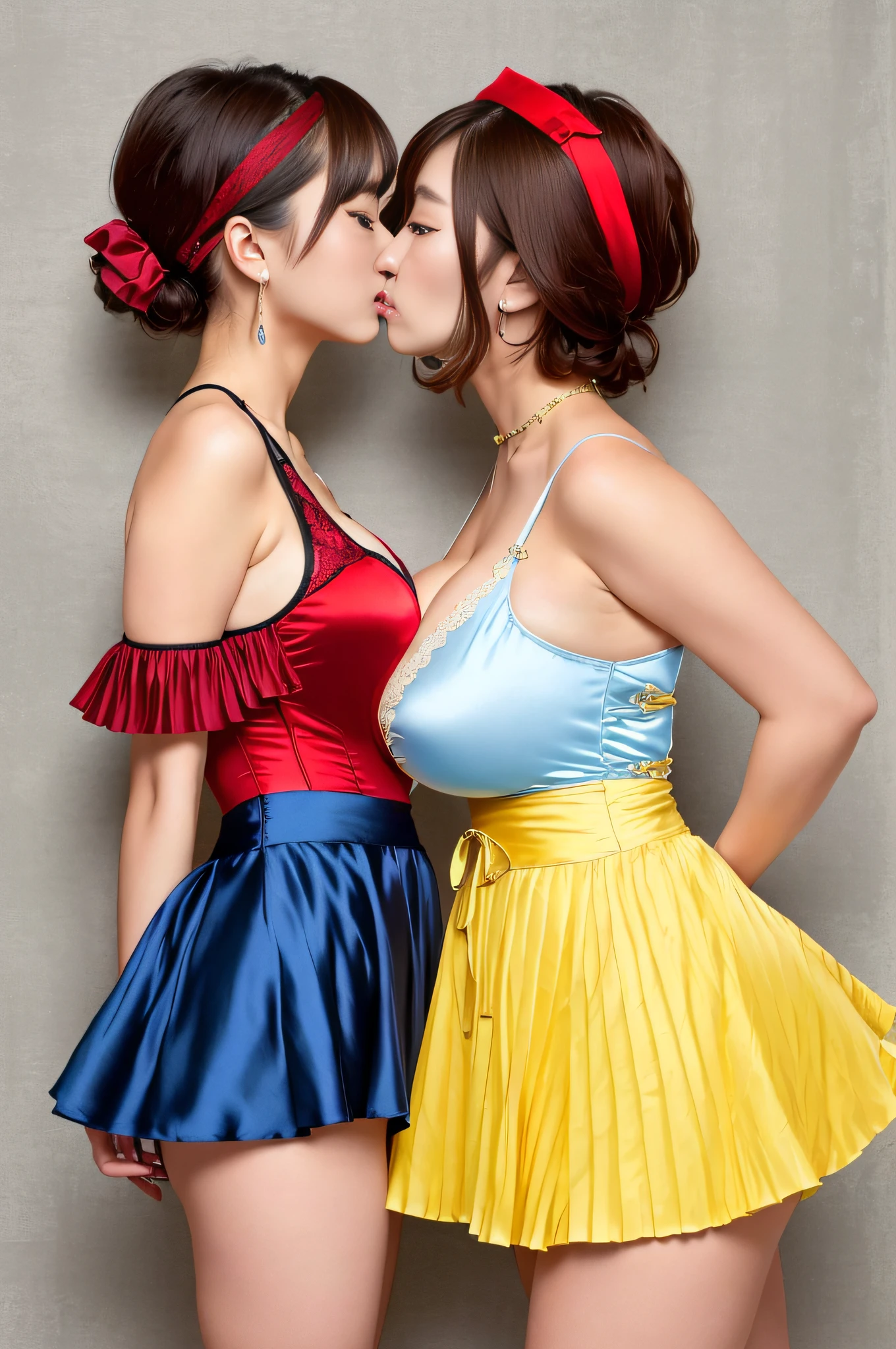 2 Beautiful Chinese women, wearing (yellow pleated skater skirt, blue silk corset, red shoulder slash sleeves, hair: (short, bob, headband (red)), cleavage, large breasts, (kissing), silk panties