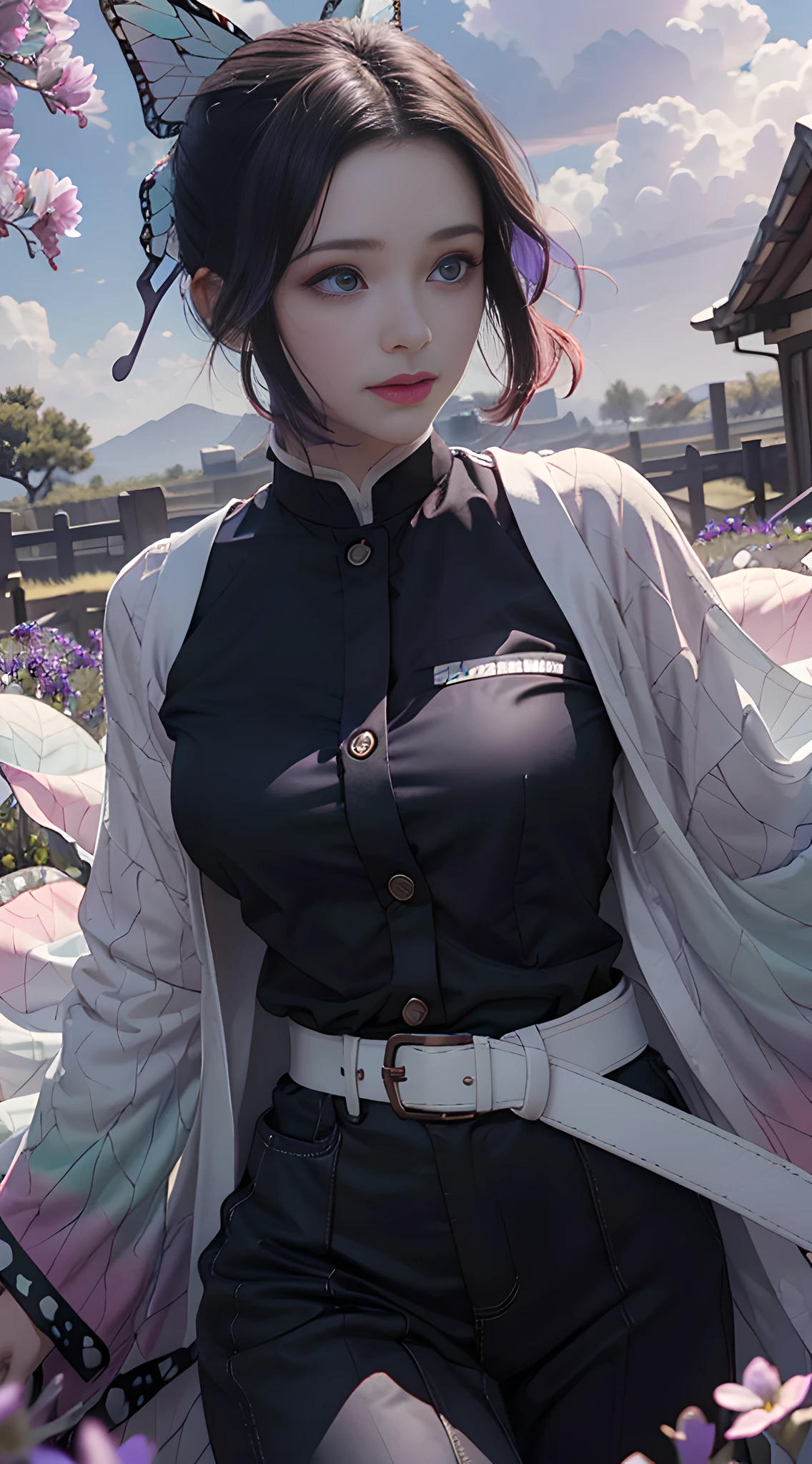Ultra-realistic 8k CG, masterpiece, close-up, (weapon in hand: 1.2), (attack: 1.2), beauty, goddess, from the front, face sticking out, (super detailed background, delicate pattern, intricate details)), high quality, highly detailed face, highly detailed eyes and face, highly detailed eyes, kocho shinobi, multicolored hair, no bangs, hair intake, purple eyes, forehead, black shirt, black pants, (haori, Butterfly: 1.3, button, belt), (garden: 1.2), purple flowers, red cliffs, cloudy sky, sunlight, tyndall effect, gradient_sky, face, gorgeous sky, waist sword,