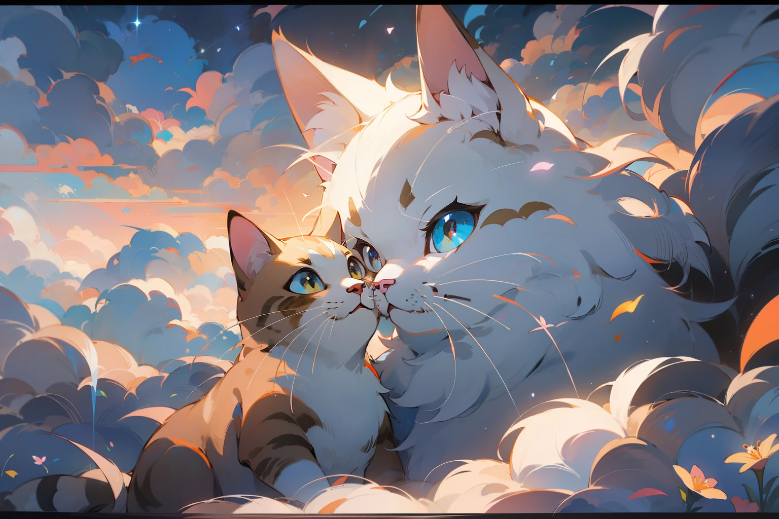 Cute white puppet cat, Hayao Miyazaki dream style, surrealist animal illustration, outdoor, sky, white clouds, bow, flowers, meiji art, light color color painting, rich layers, realistic figurative painting, realistic hyper-detail portrait style, neo-traditional japan, soft edges, fantastic illustration, (very detailed CG unity 8k wallpaper), clean background, natural light, best quality, hyperdetail