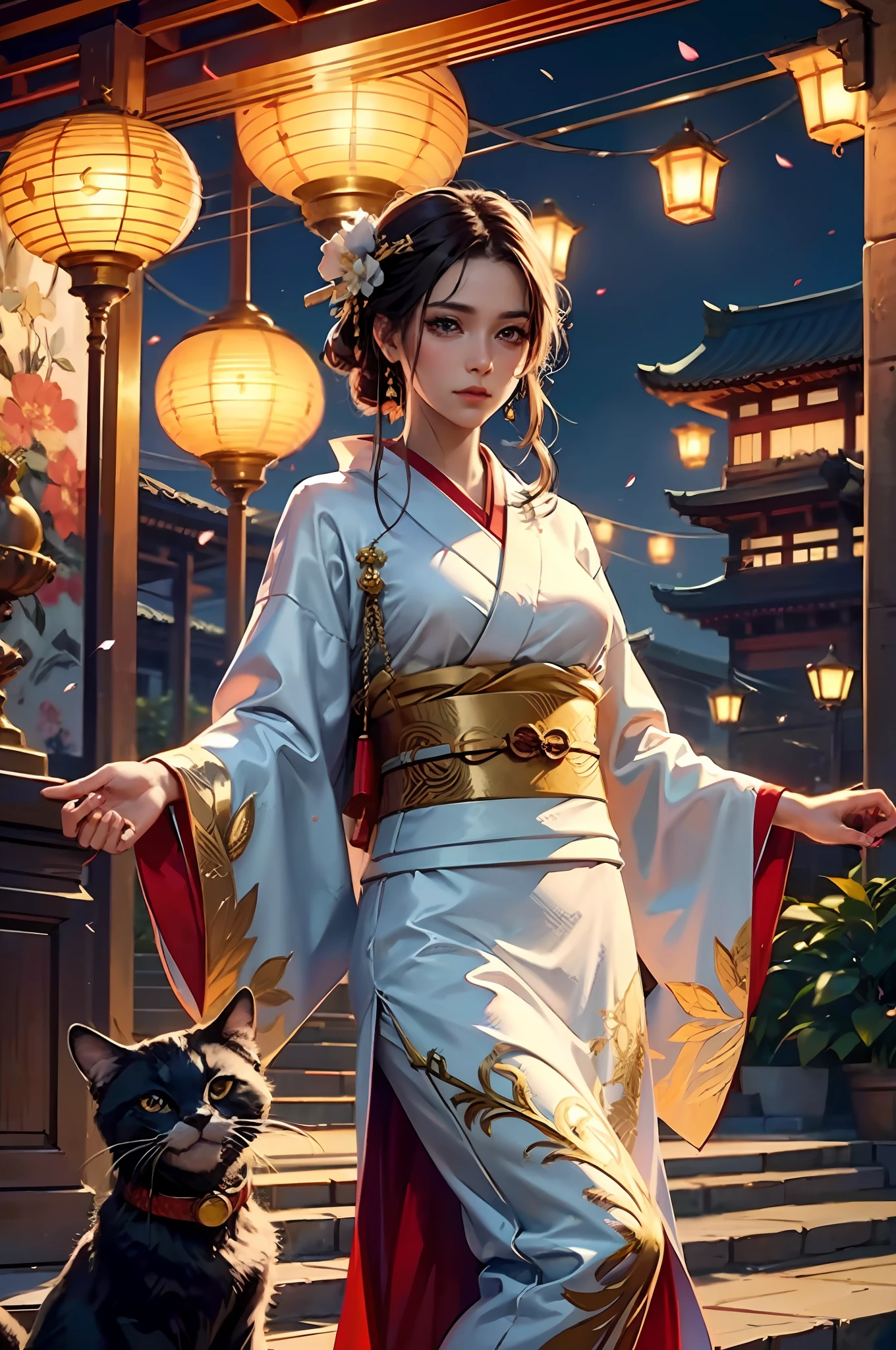 Top quality, masterpiece, high resolution, (exquisite body: 1.5), gorgeous face, (milky skin: 1.3), intricate details, high resolution, wallpaper,
1girl, solo, kimono, hair ornament, (((dress like gold and red kimono)))), flower, long hair, brown hair, closed mouth, jewelry, long sleeves, hands raised, wide sleeves, big eyes,floating hair, han dress, han style, embroidery, long skirt, natural pose, petting black cat falling petals, indoors,incitement, lanterns,
16K, HDR, Hi-Res, Depth Field, (Film Grain: 1.1), Boken, Golden Hour, (Lens Flare), Vignette, Rainbow, (Color Grading: 1.5)