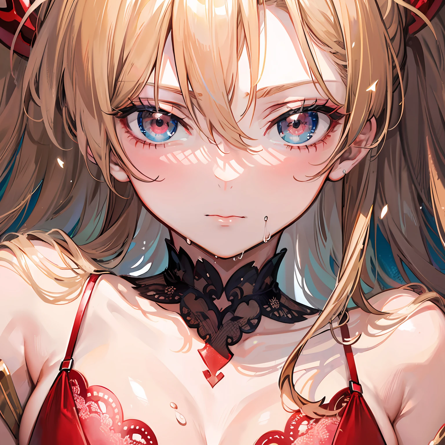 Official Art, Unity 8k Wallpaper, Ultra Detail, Beautiful and Aesthetic, Masterpiece, Best Quality, Real, Close Up, Skin Dentation, Soouryuu Asuka Langley,Gorgeous Red Lingerie Shameful Face Wet Body Realistic Texture Disturbed Clothing