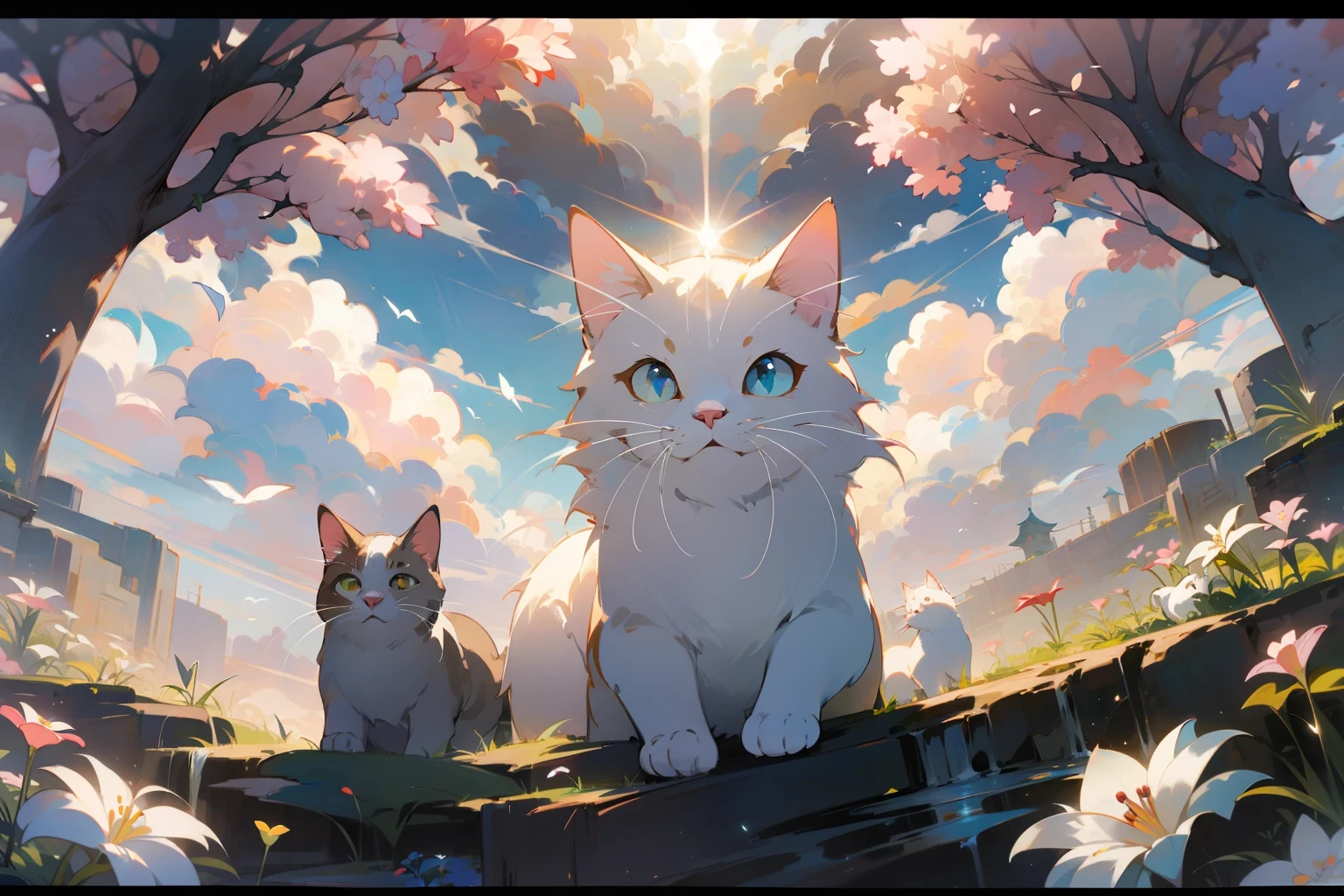 Cute white puppet cat, Hayao Miyazaki dream style, surrealist animal illustration, outdoor, sky, white clouds, bow, flowers, meiji art, light color color painting, rich layers, realistic figurative painting, realistic hyper-detail portrait style, neo-traditional japan, soft edges, fantastic illustration, (very detailed CG unity 8k wallpaper), clean background, natural light, best quality, hyperdetail