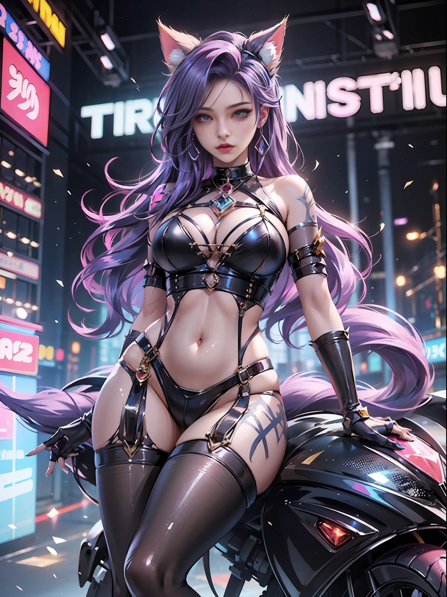 1 girl, beautiful realistic prestige KDA all out Ahri from League of Legends blush, rope bikini armor, Shibari,purple hair and eye patch, slave collar, cosplay bdsm, high fantasy, gravure, highly detailed, 8k, high resolution, solo, makeup, plump breasts, gloves, looking at the audience, realistic skin with realistic physical rendering, cinema 4D, octane rendering, innovative, sexy, curvy but slender, mysterious aura, ahri smoke around, illuminati style, girl sitting on motorcycle, cyberpunk style motorcycle, sub-magazine photography style, trends on Pixiv, trends on civitai, perfect composition, SFW, cinematic lighting, Unreal Engine, masterpieces, (EnergyVeins:1.4),