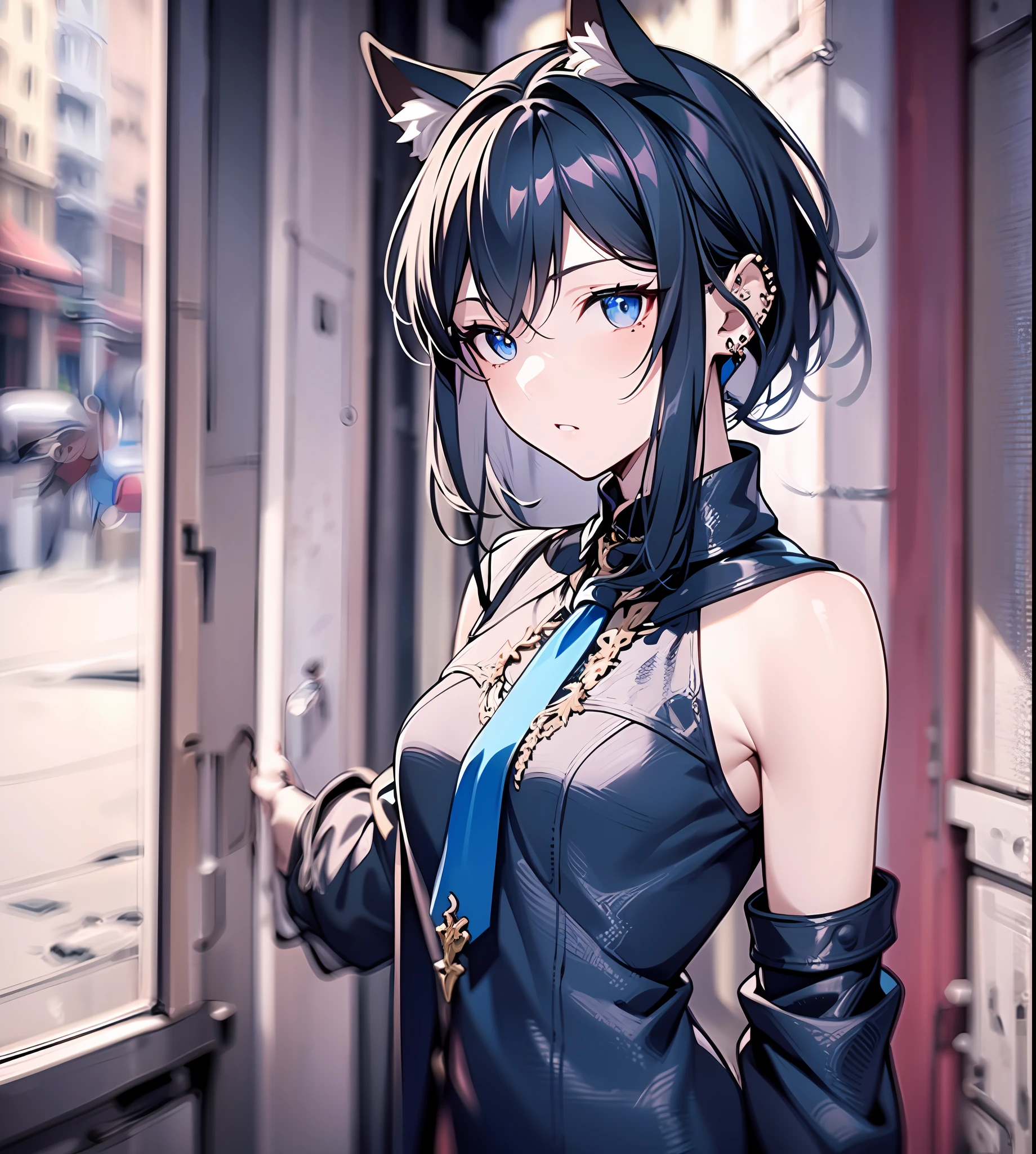 1girl, (solo:1.2), ((masterpiece)), slim, small chest, pale skin, ((detailed eyes)), (bokeh effect), (dynamic angle), dynamic pose, cat ears, black hair, long hair, blue tie, black attire, piercing gaze, narrowed eyes, living room, interior